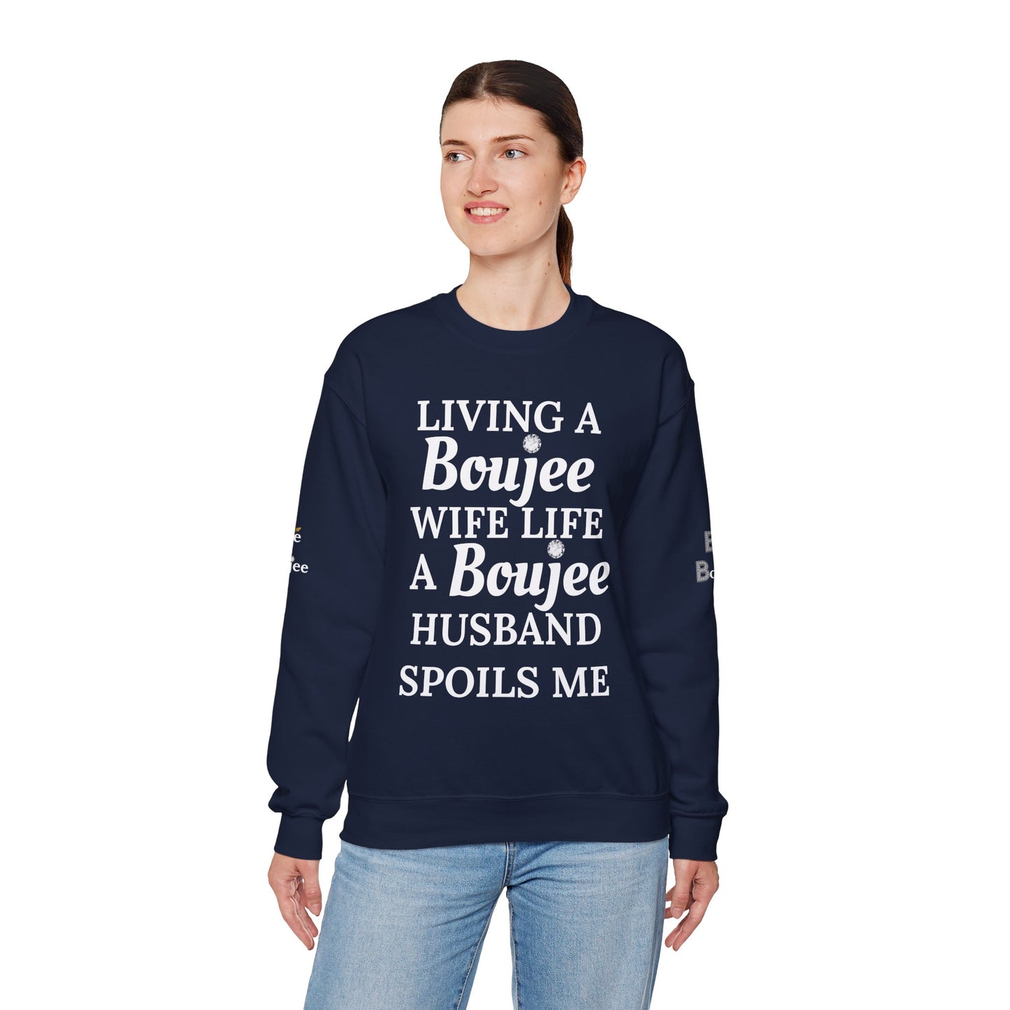 Living a Boujee Wife Life A Boujee Husband Spoils Me - Heavy Blend™ Dark Colors Crewneck Sweatshirt