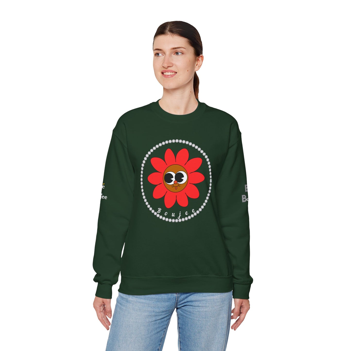 Boujee Flower Smiley Face Red Brown Wide-Eyed - Heavy Blend™ Dark Colors Crewneck Sweatshirt