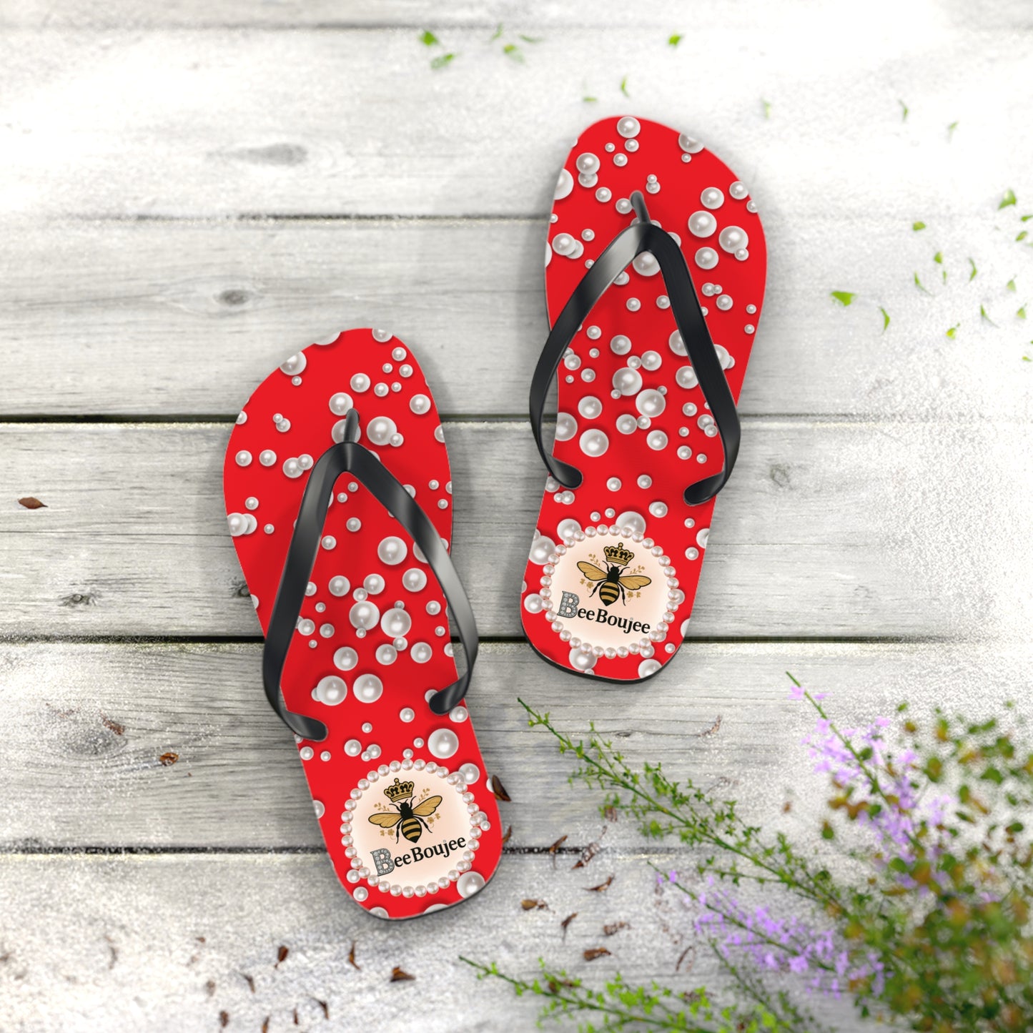 Bee Boujee Flip Flops - RED in Sea of Pearls - LARGE