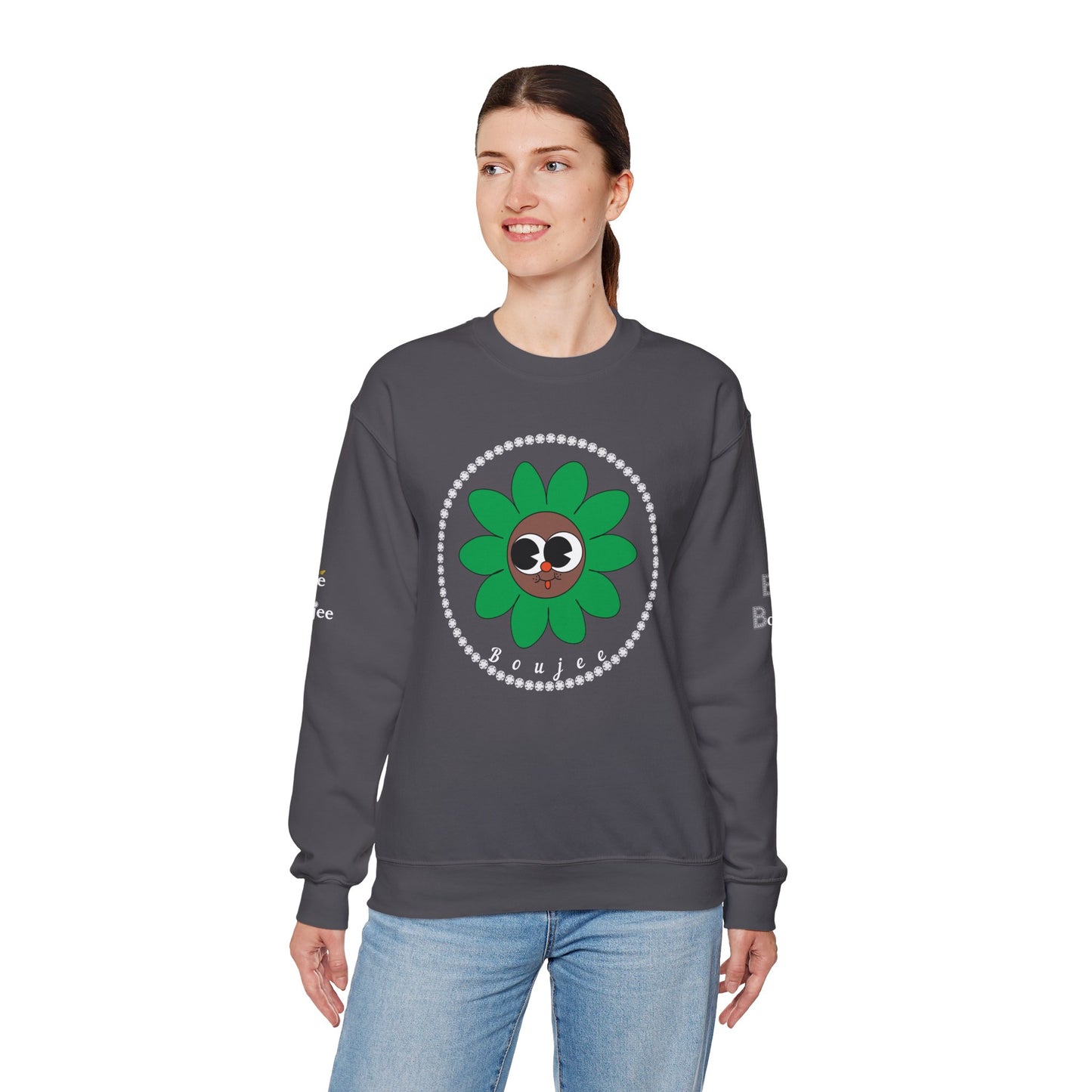 Boujee Flower Smiley Face Green Brown Wide-Eyed - Heavy Blend™ Dark Colors Crewneck Sweatshirt