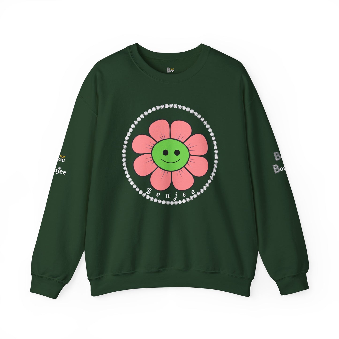 Boujee Flower Smiley Face Pink Green - Heavy Blend™ Dark Colors Crewneck Sweatshirt