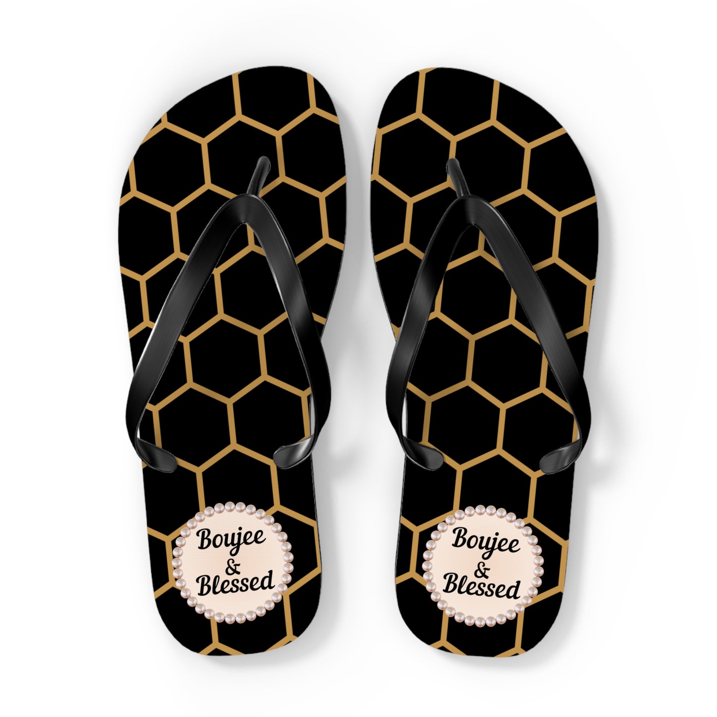 Boujee & Blessed Flip Flops - BLACK Golden Honeycomb - EXTRA LARGE