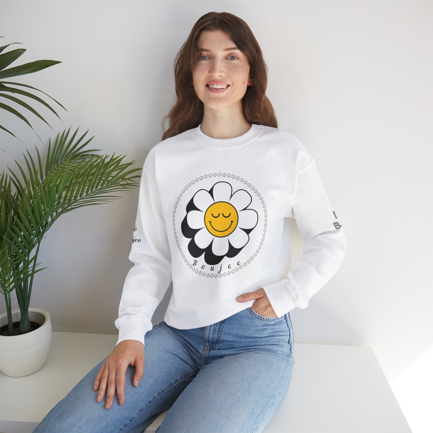 Boujee Flower Smiley Face Closed Eyes White Gold - Heavy Blend™ Light Colors Crewneck Sweatshirt