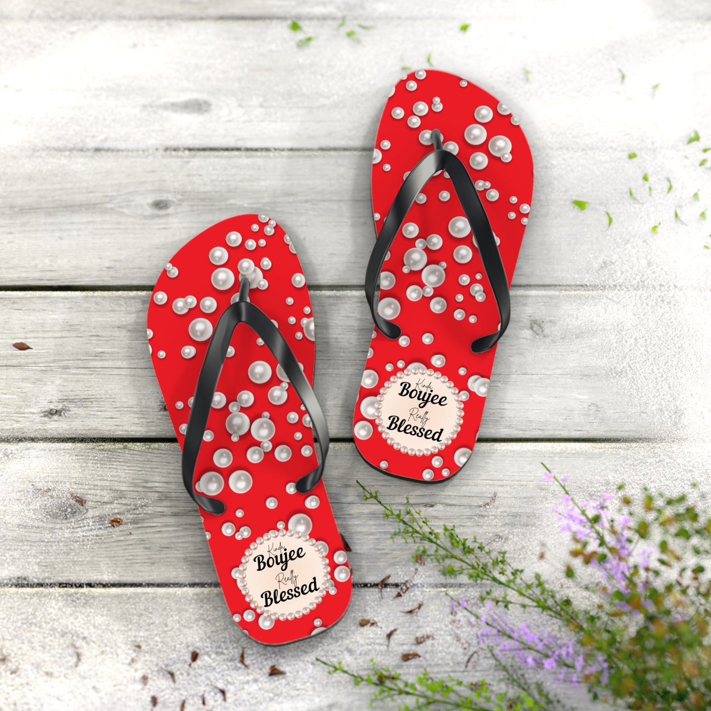 Kinda Boujee Really Blessed Flip Flops - RED in Sea of Pearls - EXTRA LARGE