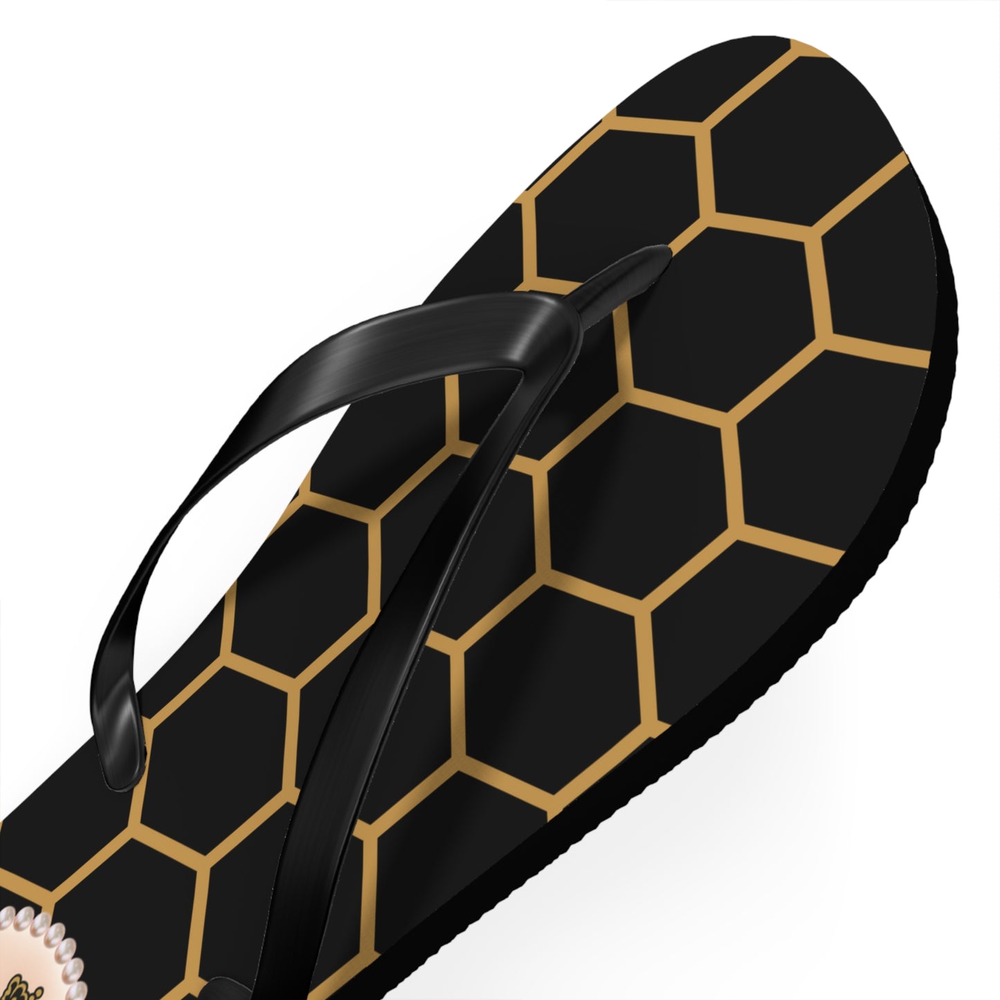 The Boujee Hive Flip Flops - BLACK Golden Honeycomb - EXTRA LARGE