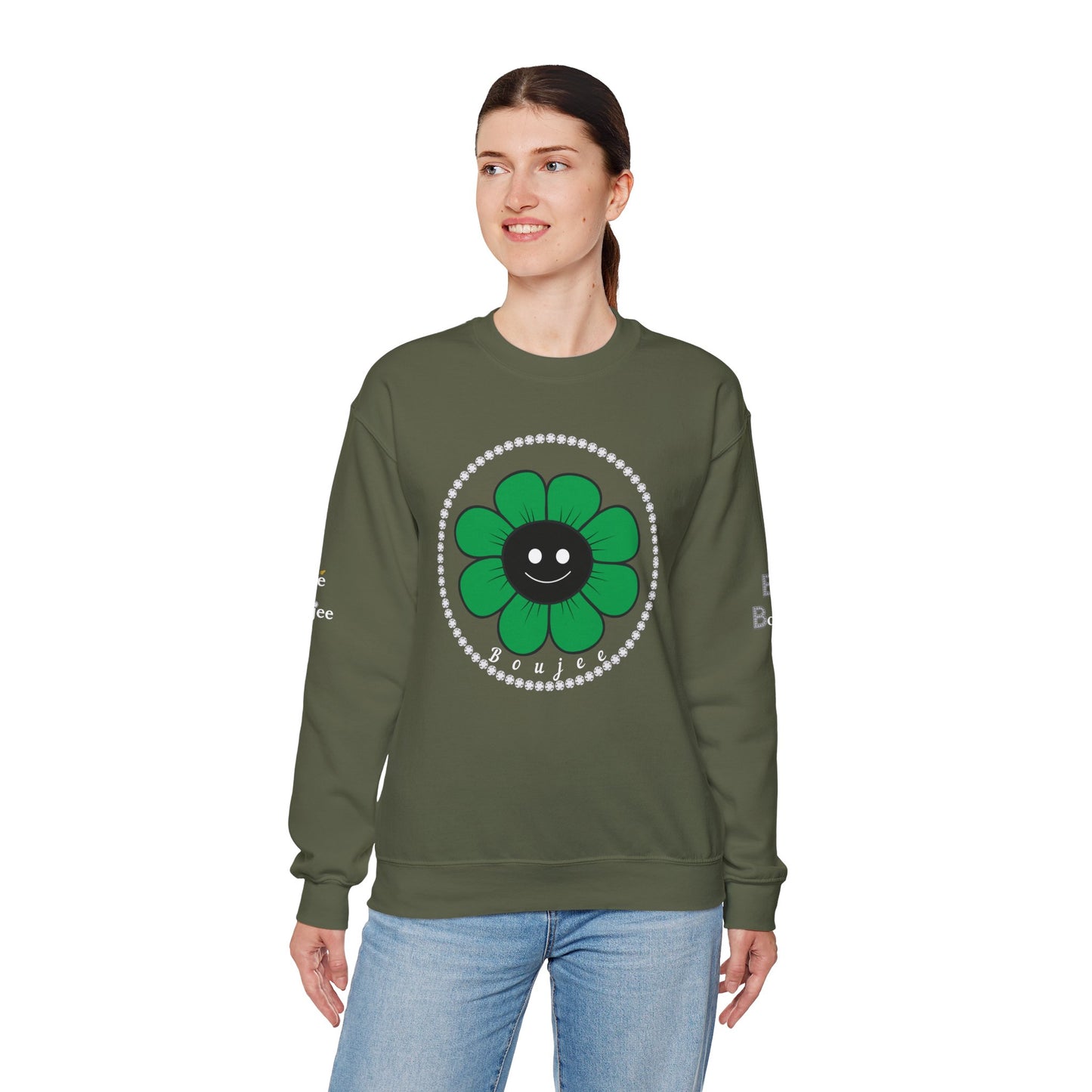 Boujee Flower Smiley Face Green Black - Heavy Blend™ Dark Colors Crewneck Sweatshirt