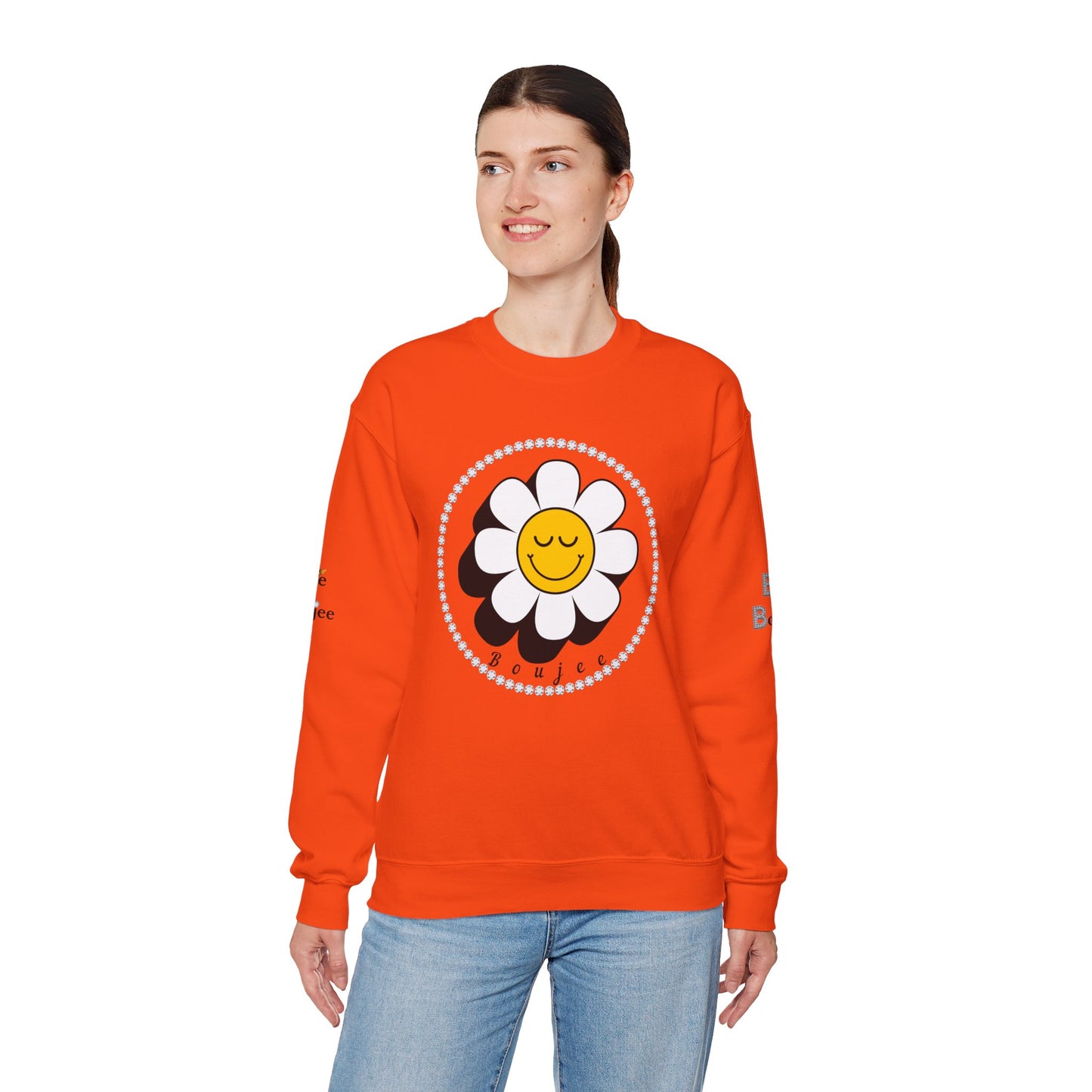 Boujee Flower Smiley Face Closed Eyes White Gold - Heavy Blend™ Light Colors Crewneck Sweatshirt