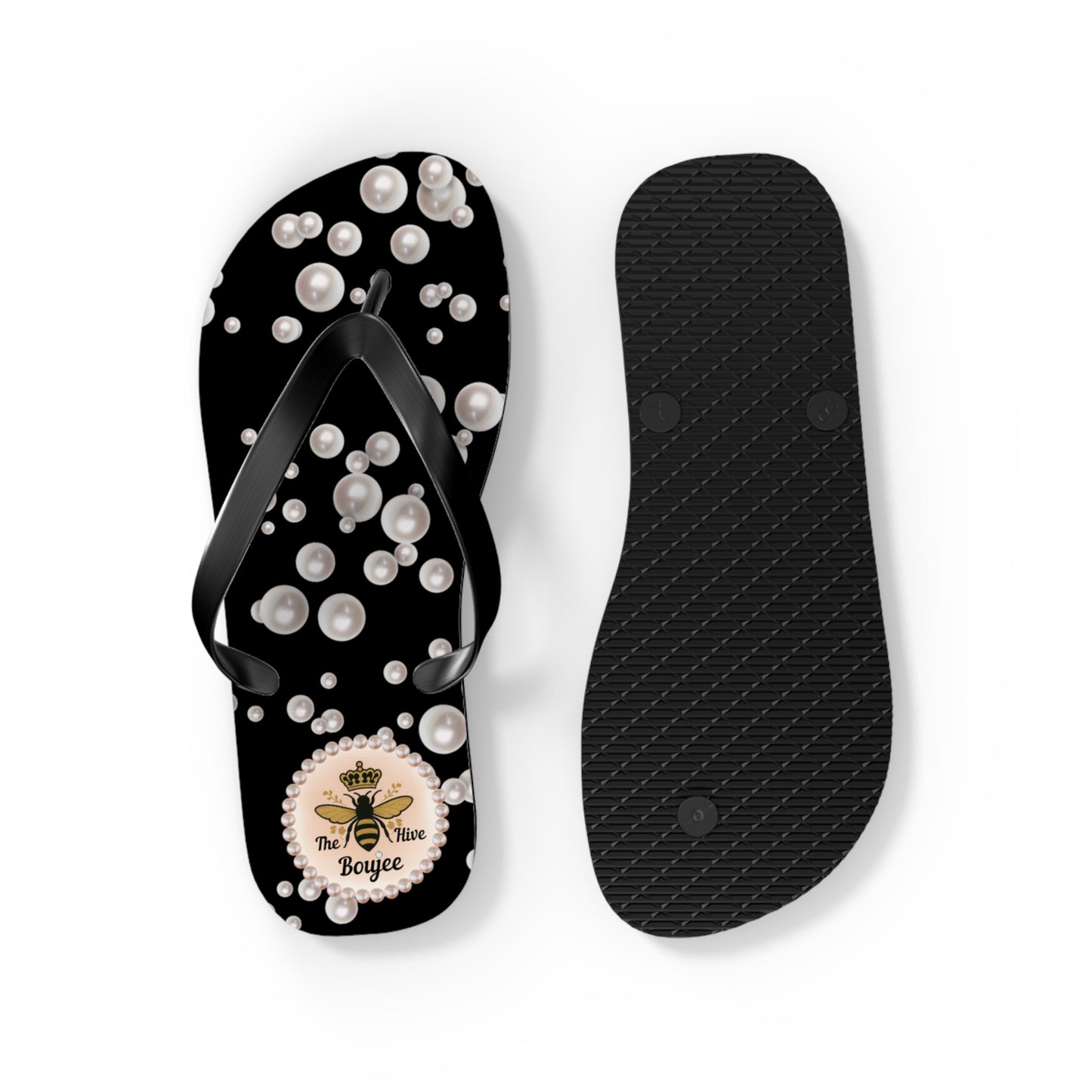 The Boujee Hive Flip Flops - BLACK in Sea of Pearls - MEDIUM