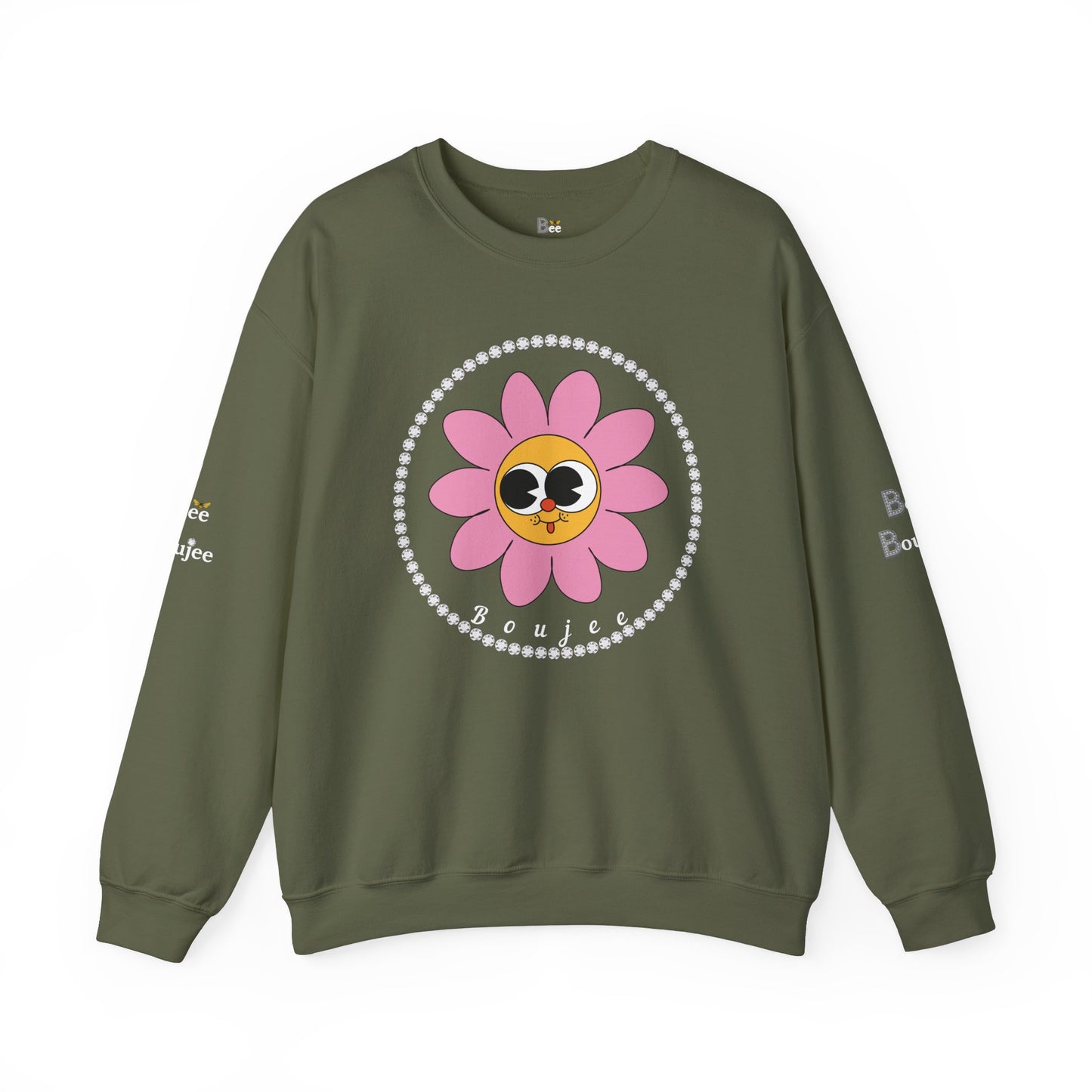 Boujee Flower Smiley Face Pink Gold Wide-Eyed - Heavy Blend™ Dark Colors Crewneck Sweatshirt