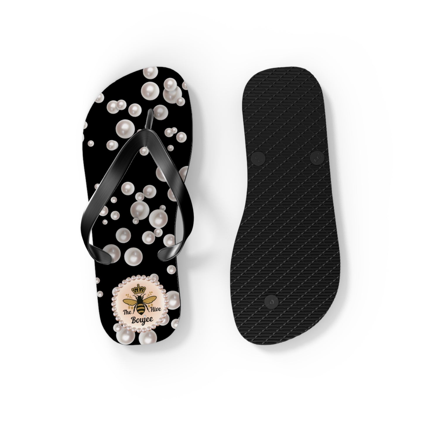 The Boujee Hive Crowned-Bee BLACK (Sea of Pearls) Flip-Flops - SMALL
