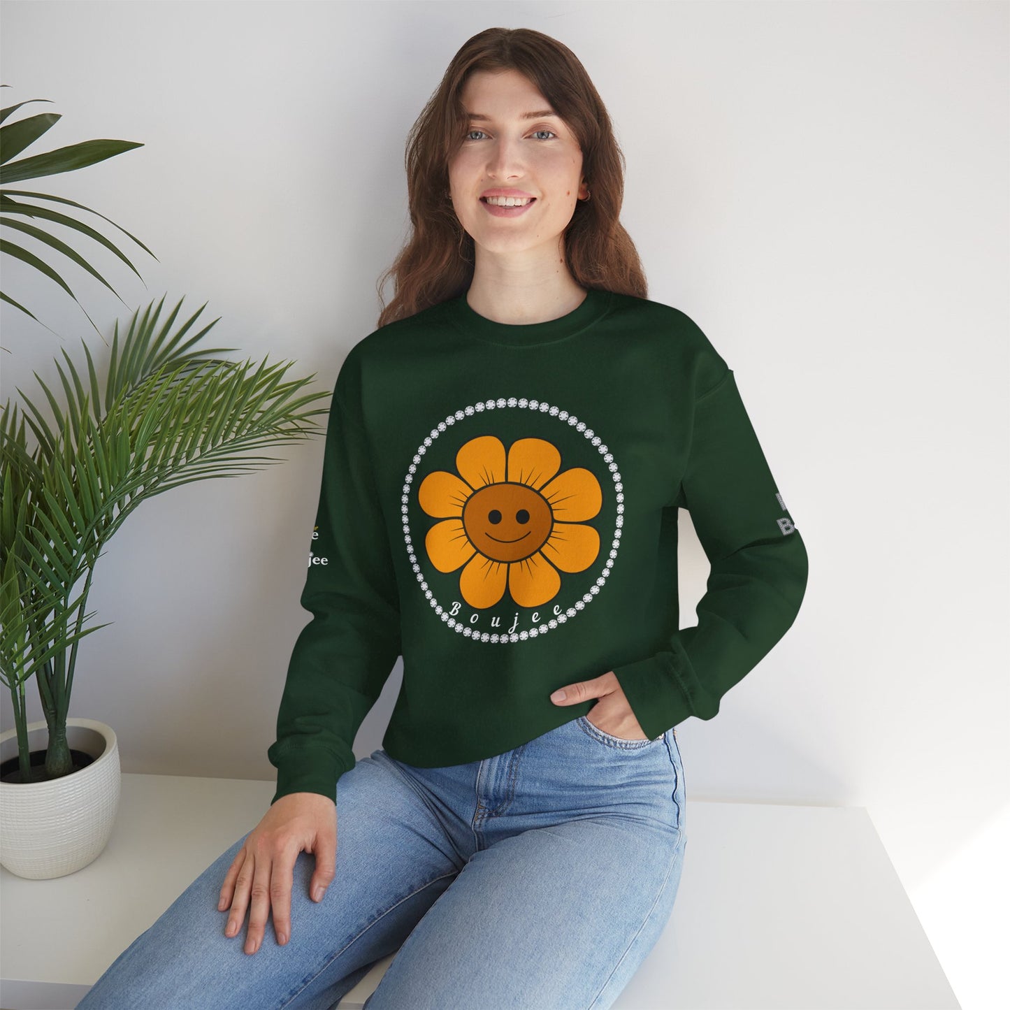 Boujee Flower Smiley Face Gold Light Brown - Heavy Blend™ Dark Colors Crewneck Sweatshirt