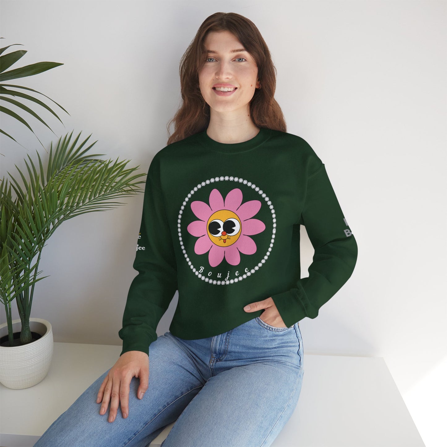 Boujee Flower Smiley Face Pink Gold Wide-Eyed - Heavy Blend™ Dark Colors Crewneck Sweatshirt