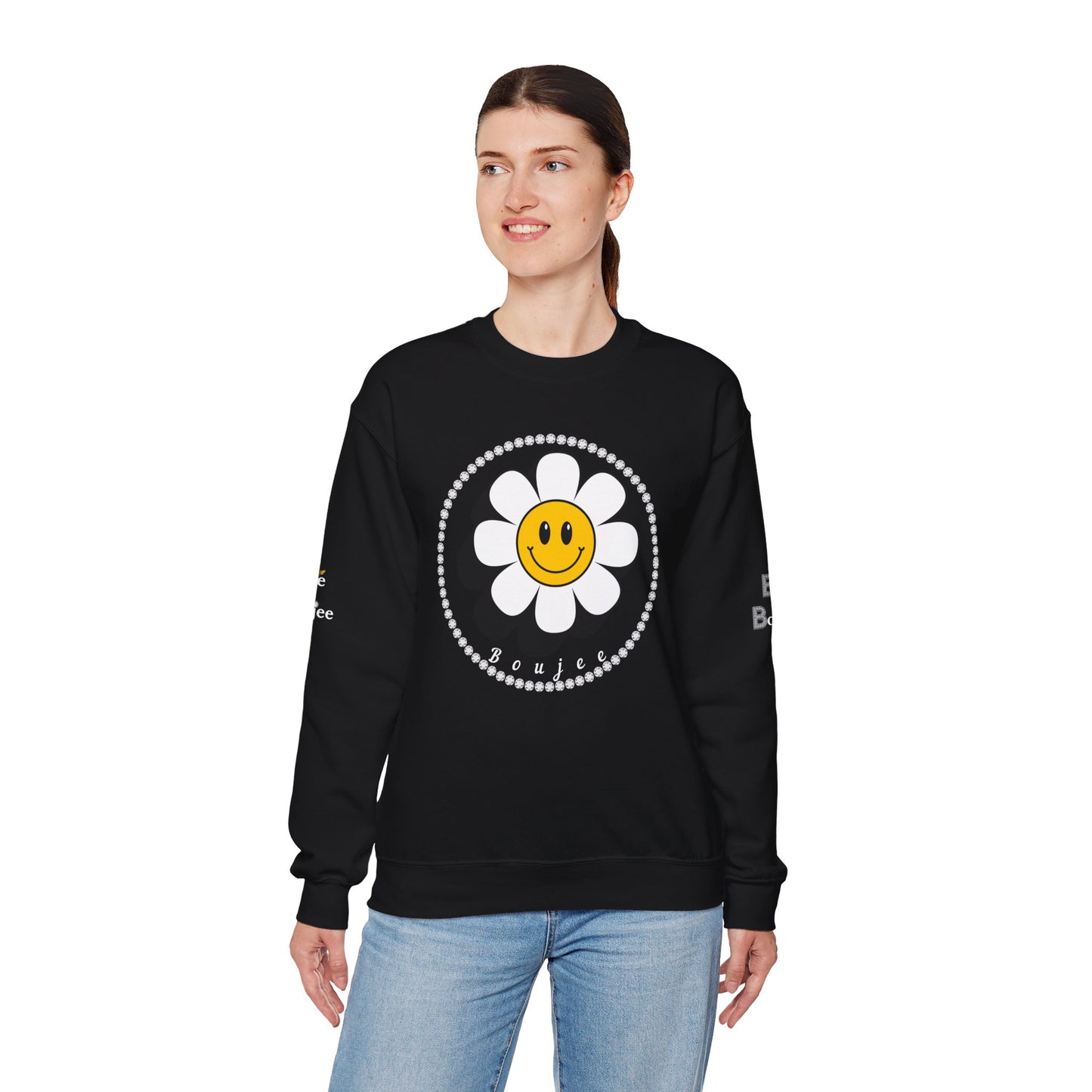 Boujee Flower Smiley Face White Gold - Heavy Blend™ Dark Colors Crewneck Sweatshirt