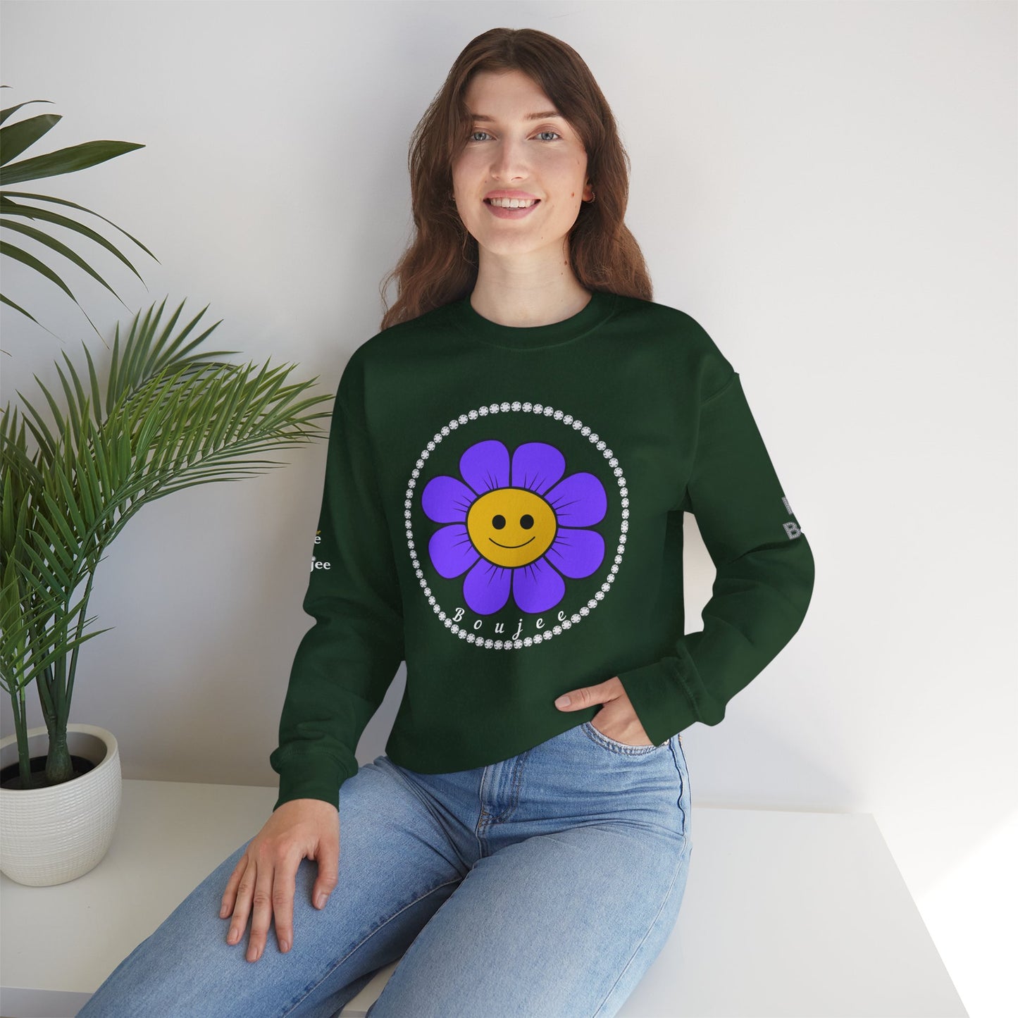 Boujee Flower Smiley Face Purple Gold - Heavy Blend™ Dark Colors Crewneck Sweatshirt