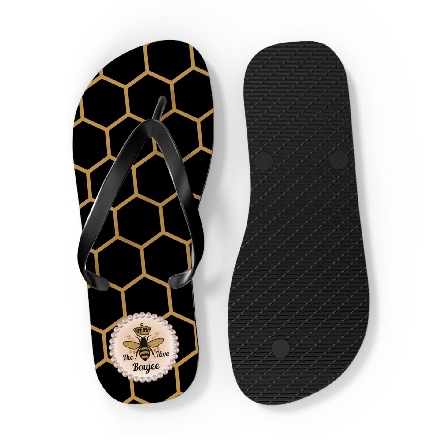 The Boujee Hive Flip Flops - BLACK Golden Honeycomb - EXTRA LARGE
