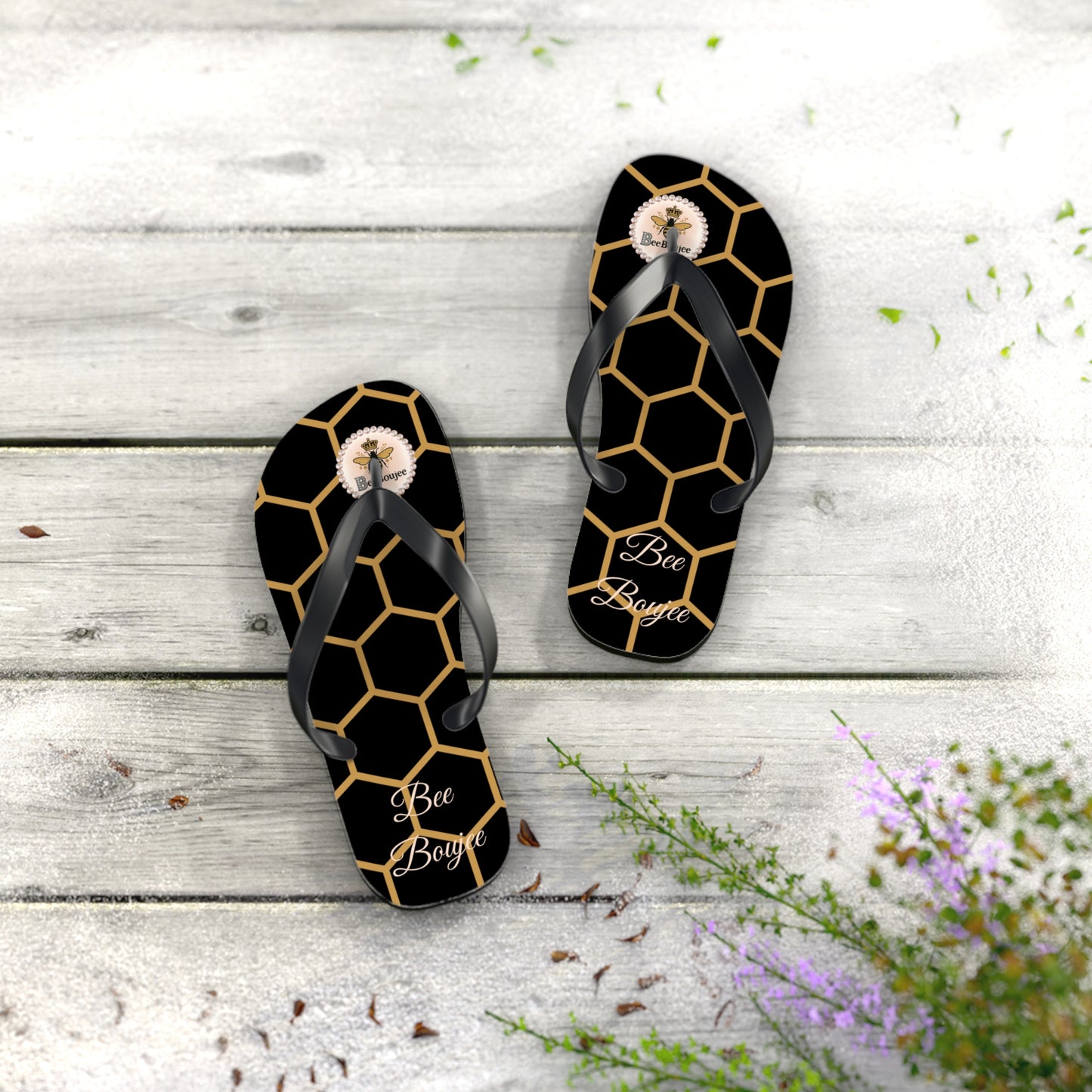 Bee Boujee Golden Honeycomb Flip-Flops (Black & Gold) - SMALL