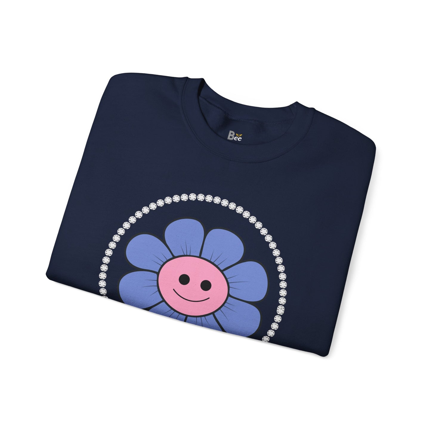 Boujee Flower Smiley Face Blue Pink - Heavy Blend™ Dark Colors Crewneck Sweatshirt