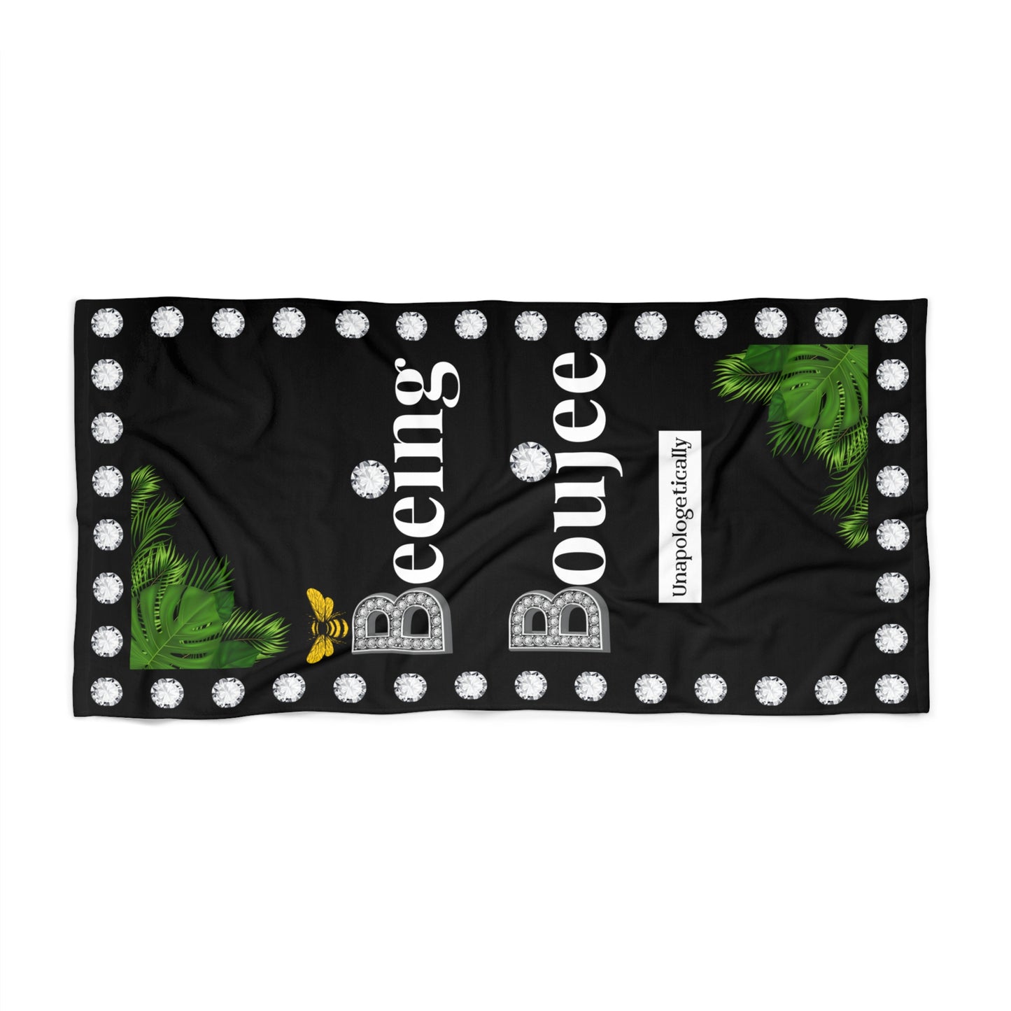 Beeing Boujee Diamonds - Beach Towel BLACK Palm Leaves