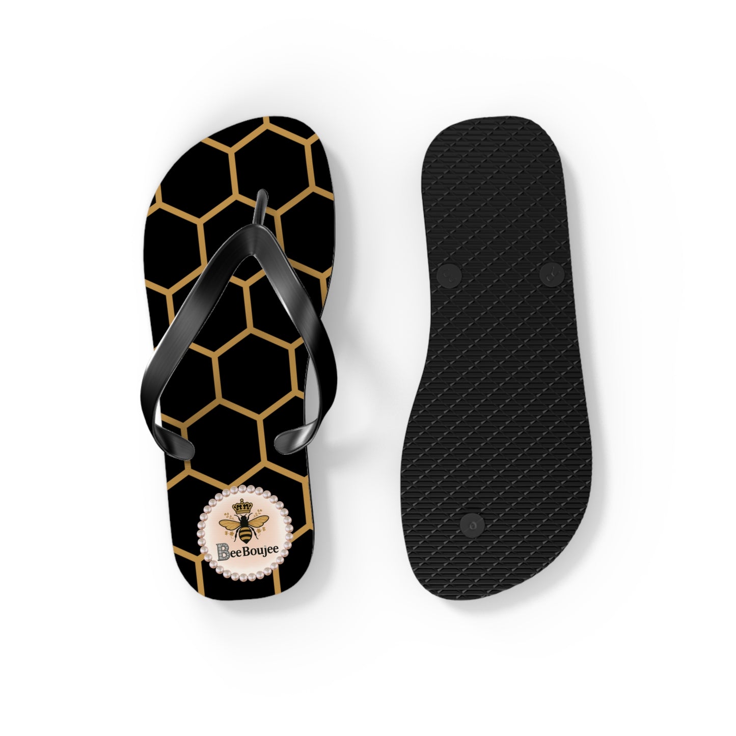 Bee Boujee Crowned-Bee Flip-Flops (BLACK/Golden Honeycomb) - SMALL