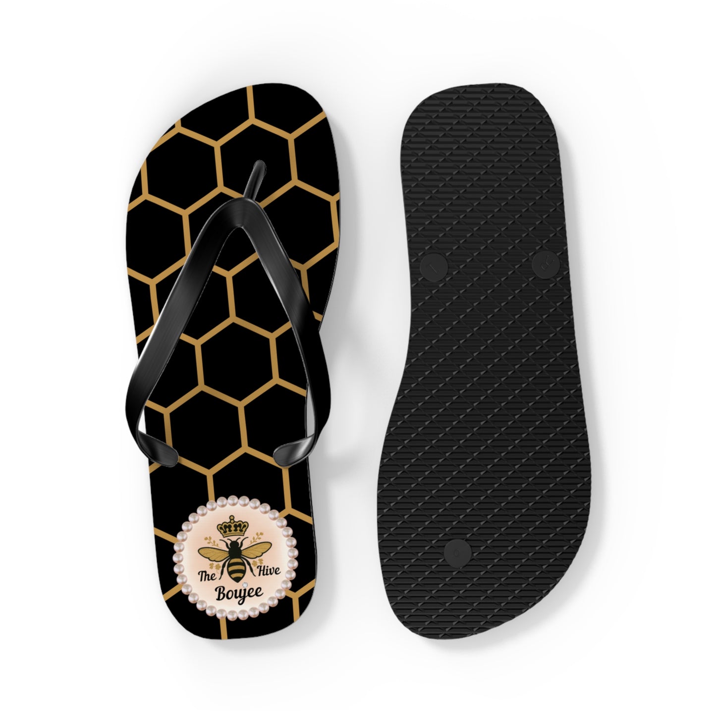 The Boujee Hive Flip Flops - BLACK Golden Honeycomb - LARGE