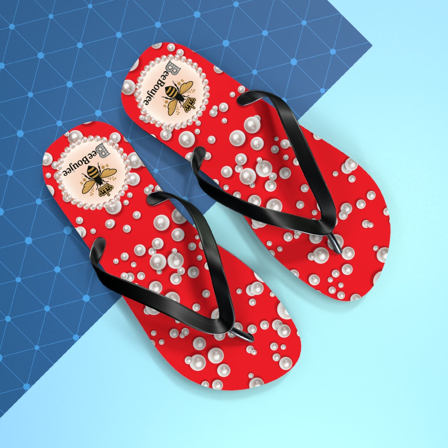 Bee Boujee Flip Flops - RED in Sea of Pearls - LARGE