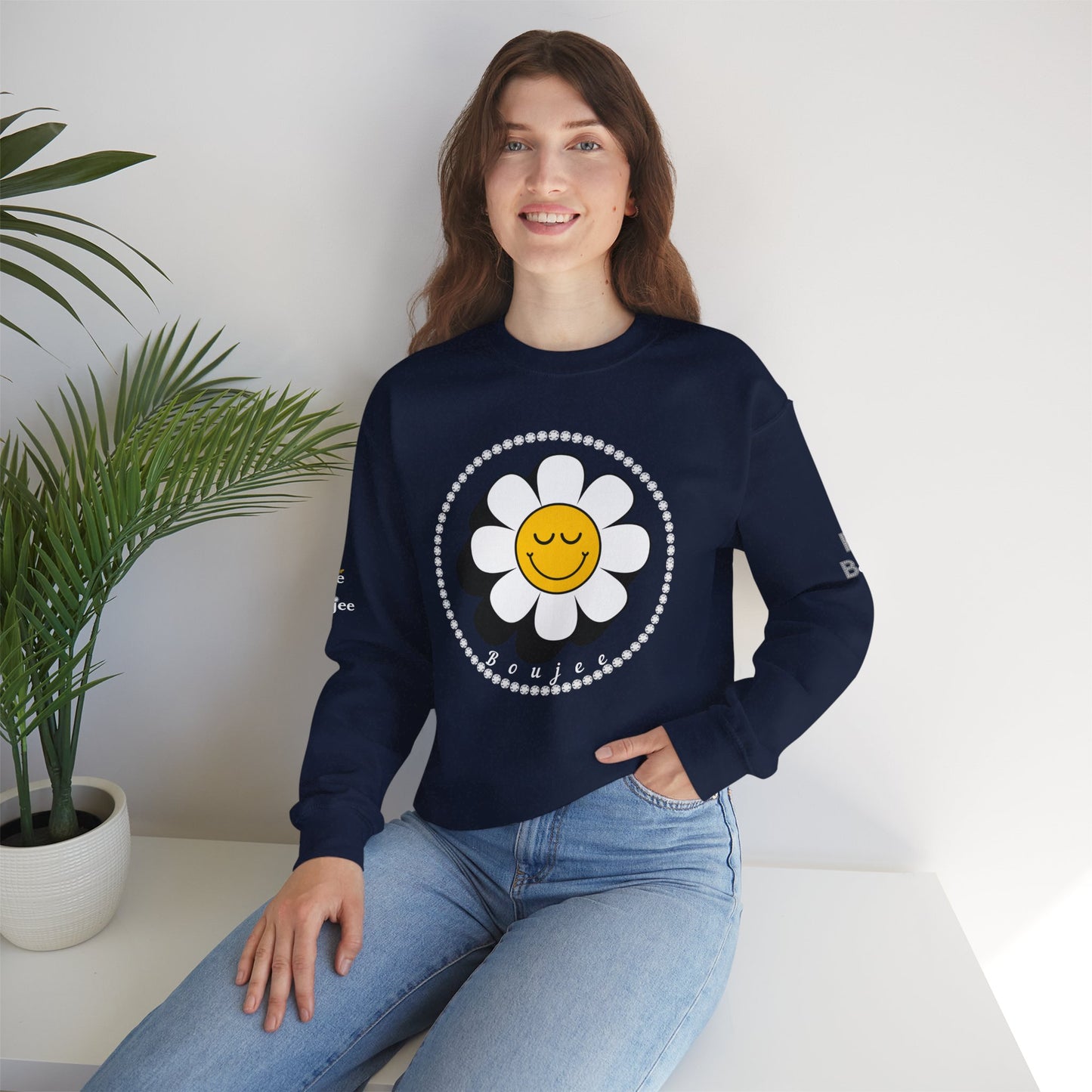 Boujee Flower Smiley Face Closed Eyes - Heavy Blend™ Dark Colors Crewneck Sweatshirt