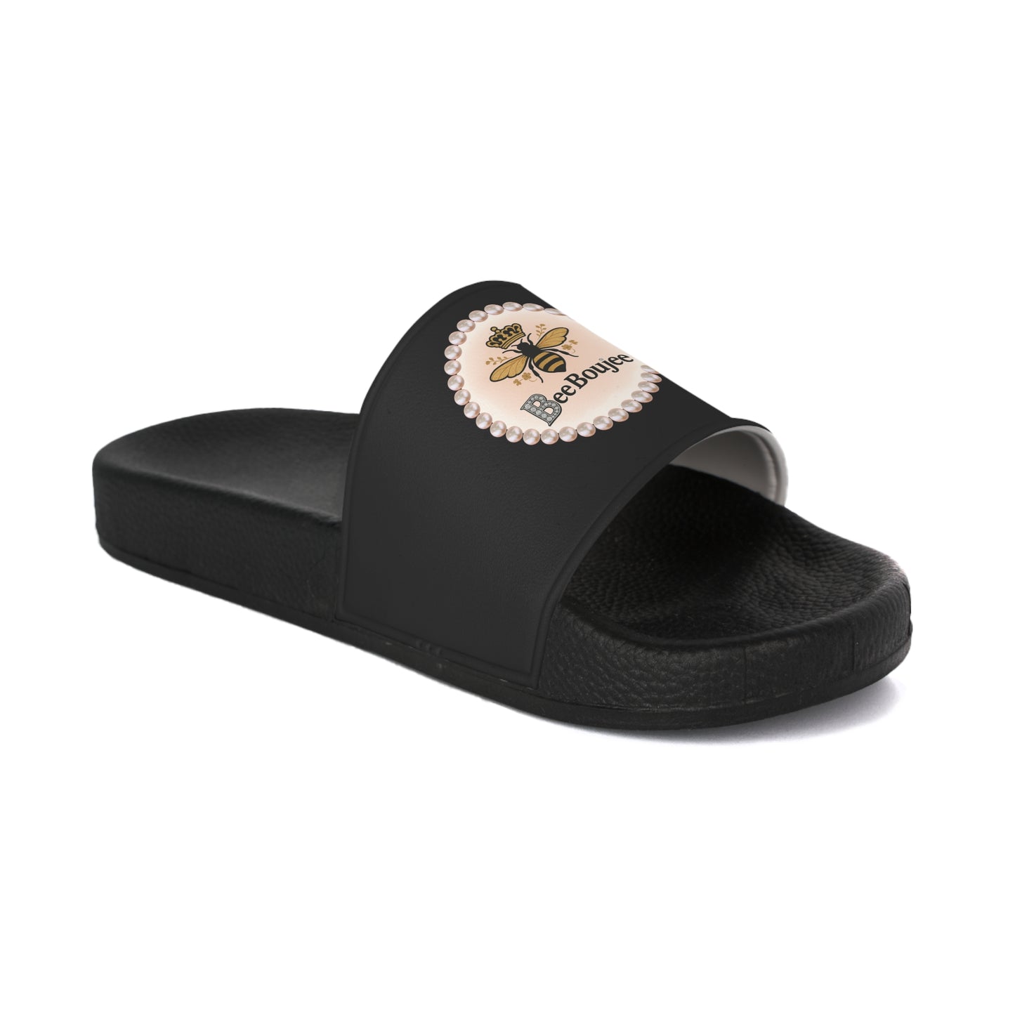 Bee Boujee Pearl-Emblem Women’s Slides Sandals, Summer Footwear, Cute Beach Slippers, Casual Slip-Ons