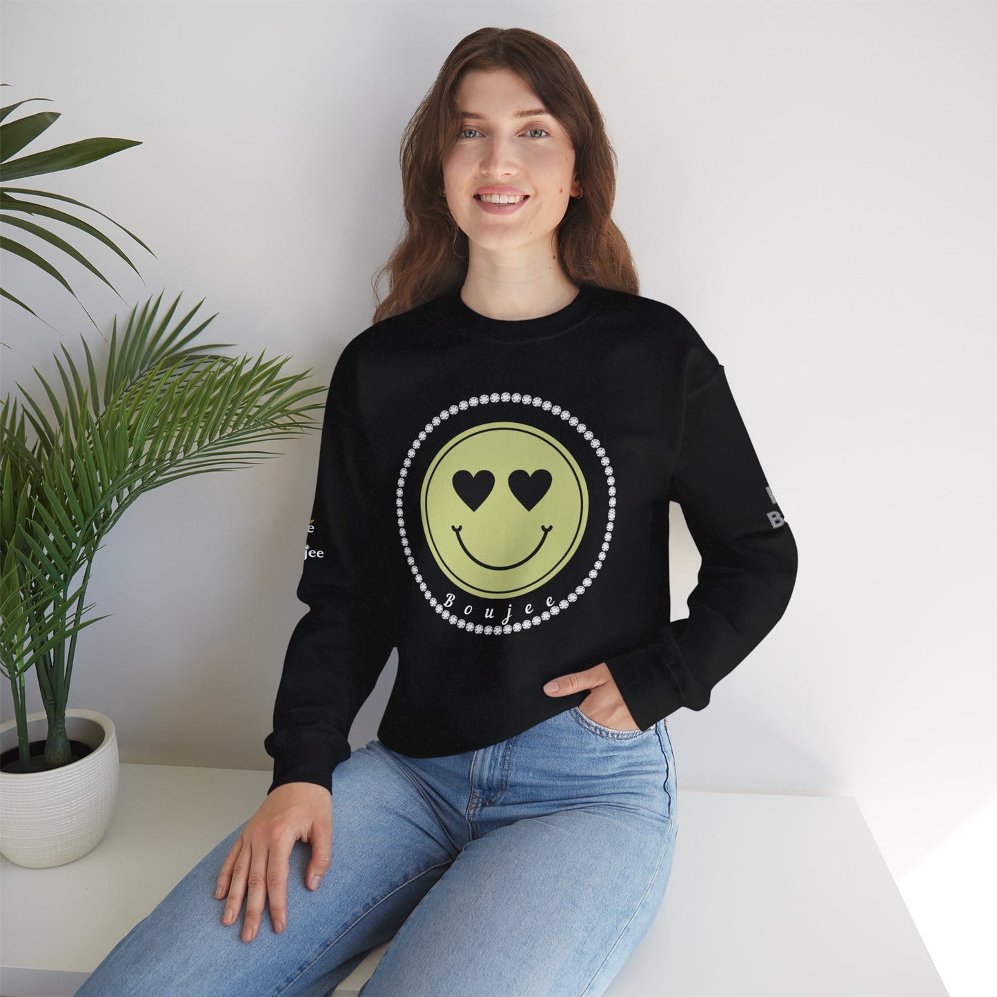 Boujee Smiley Face Beige Heart Eyes - Heavy Blend™ Dark Colors Crewneck Sweatshirt