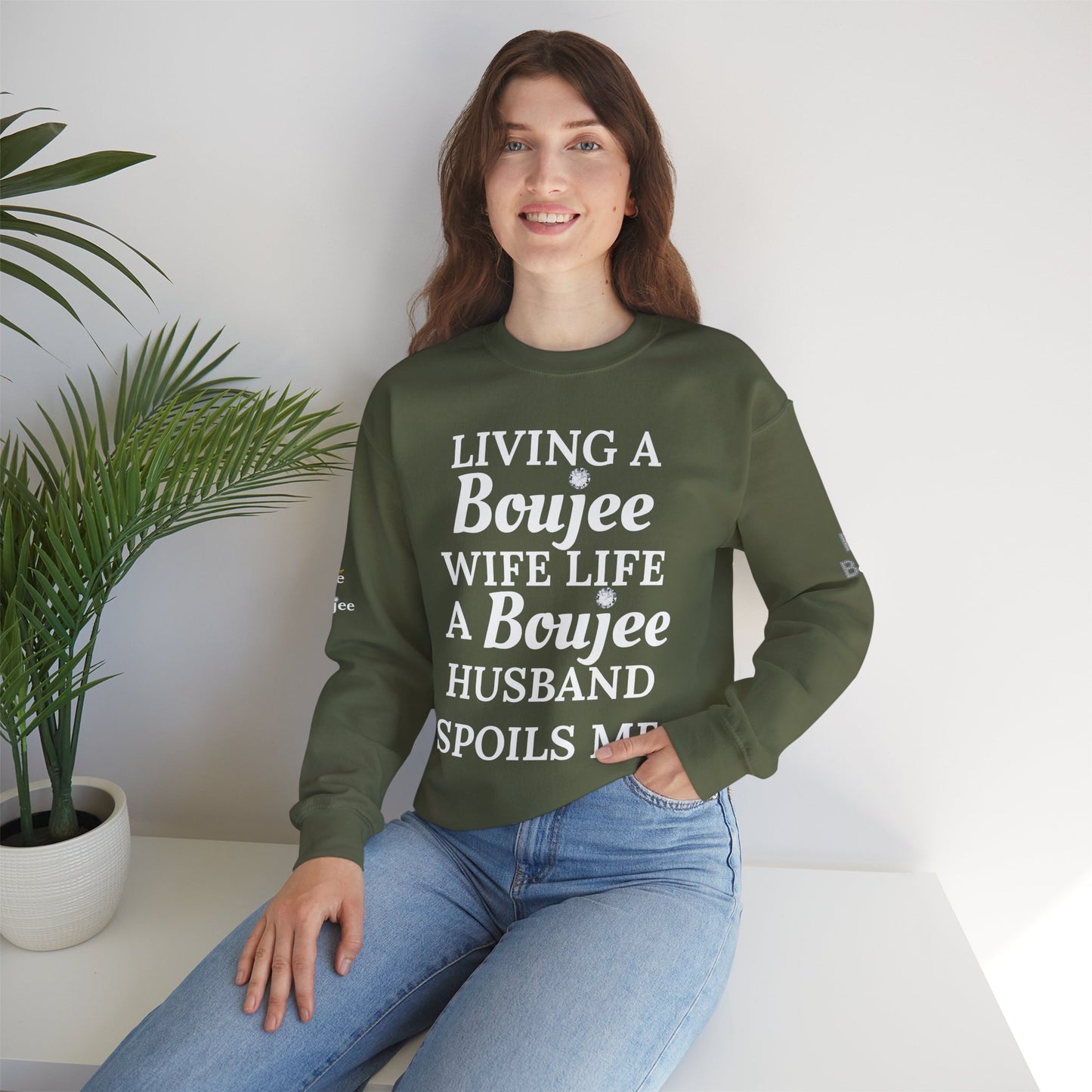Living a Boujee Wife Life A Boujee Husband Spoils Me - Heavy Blend™ Dark Colors Crewneck Sweatshirt