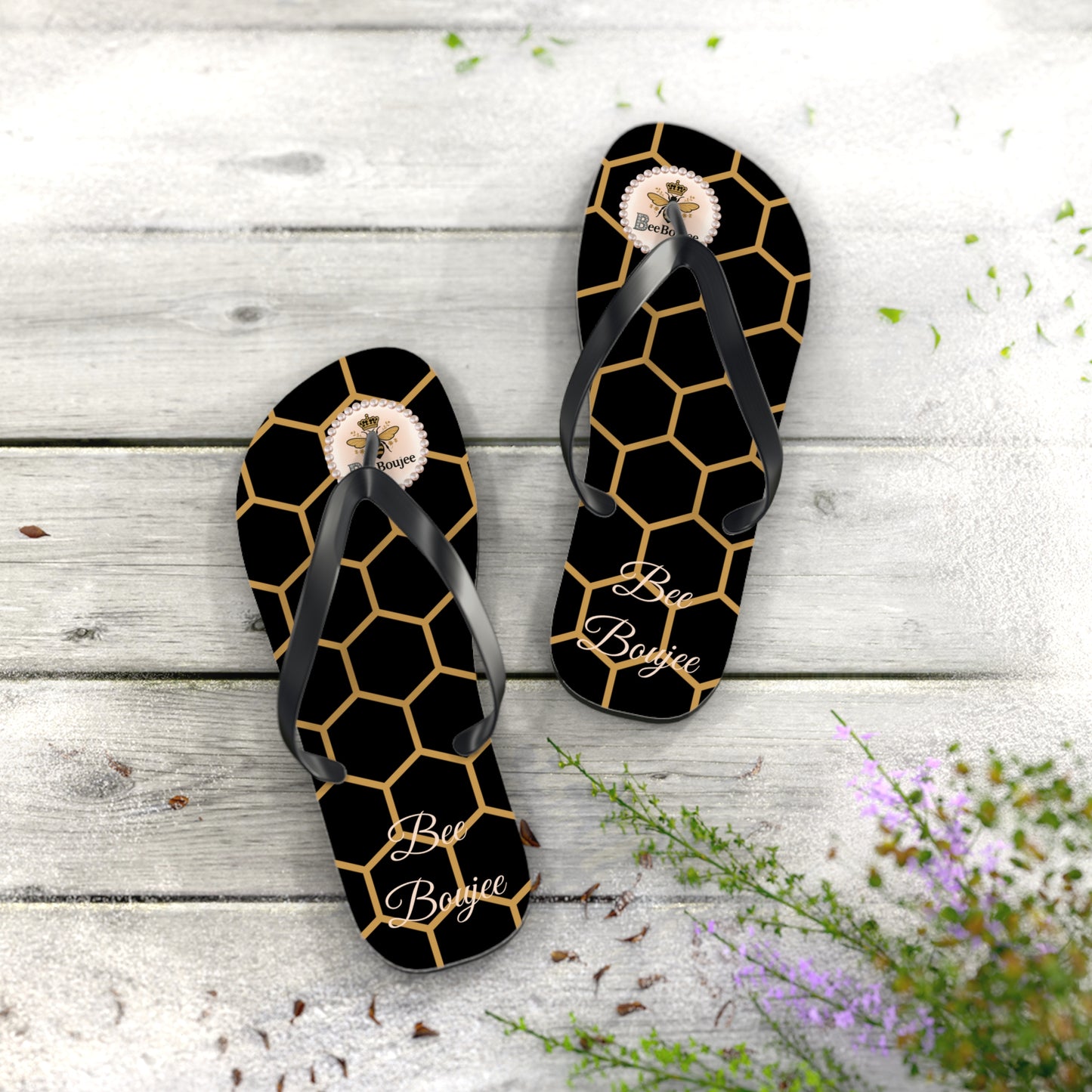 Bee Boujee Golden Honeycomb Flip-Flops (Black & Gold) - LARGE
