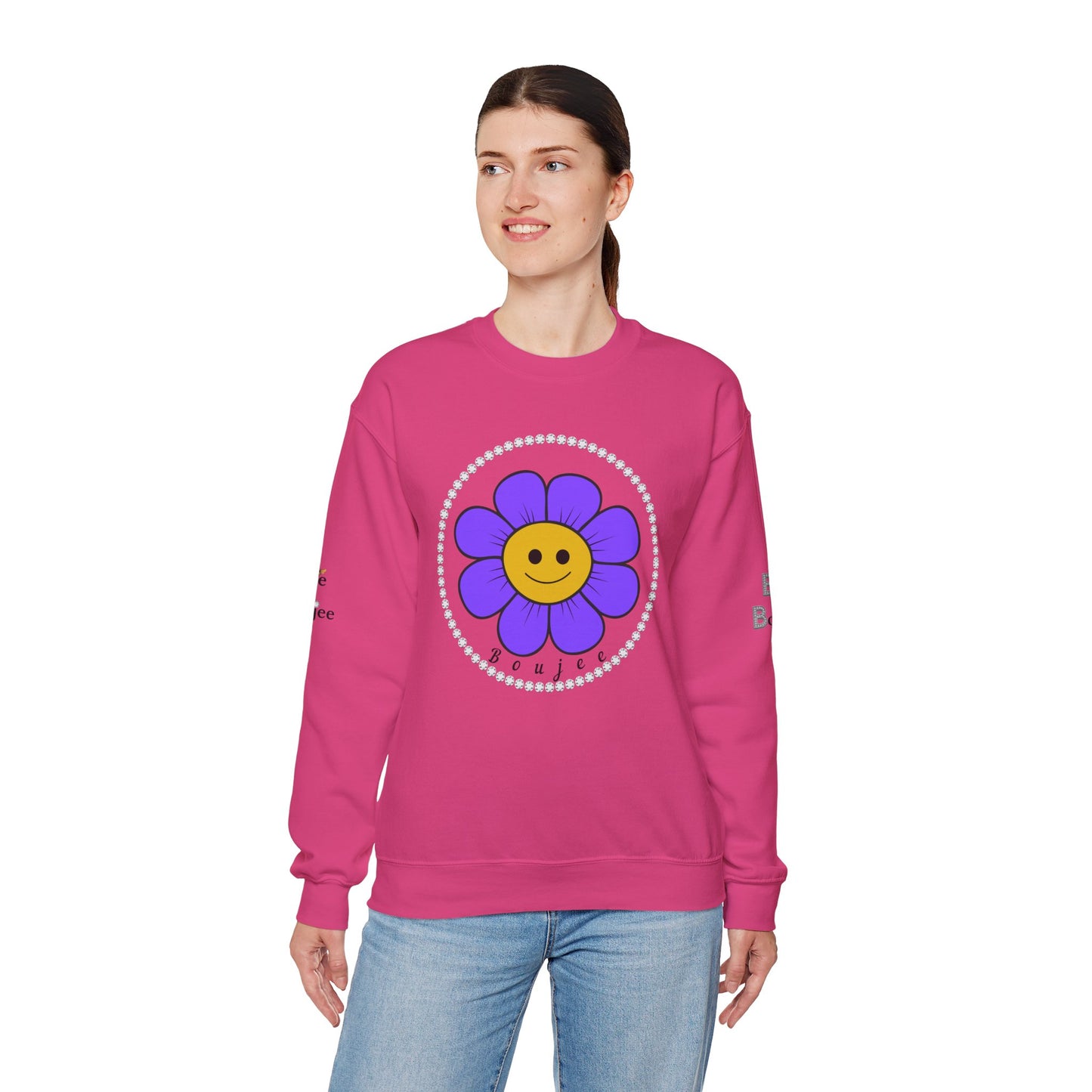 Boujee Flower Smiley Face Purple Gold - Heavy Blend™ Light Colors Crewneck Sweatshirt