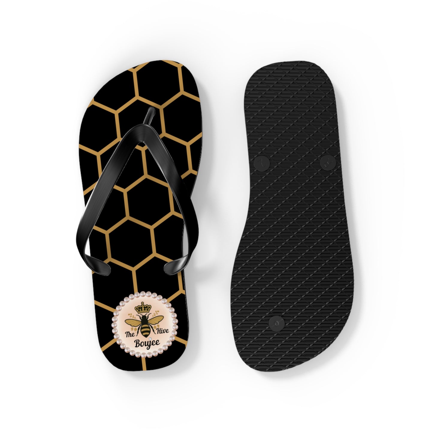The Boujee Hive Flip Flops - BLACK Golden Honeycomb - MEDIUM