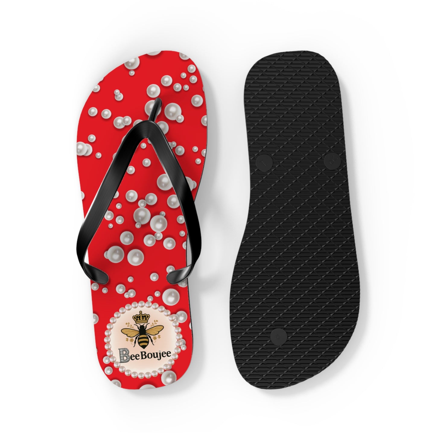 Bee Boujee Flip Flops - RED in Sea of Pearls - LARGE