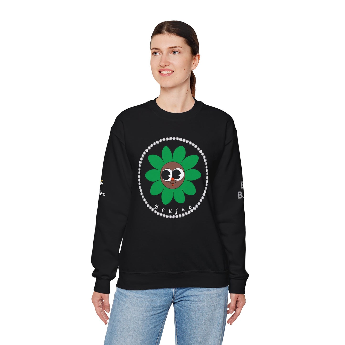 Boujee Flower Smiley Face Green Brown Wide-Eyed - Heavy Blend™ Dark Colors Crewneck Sweatshirt