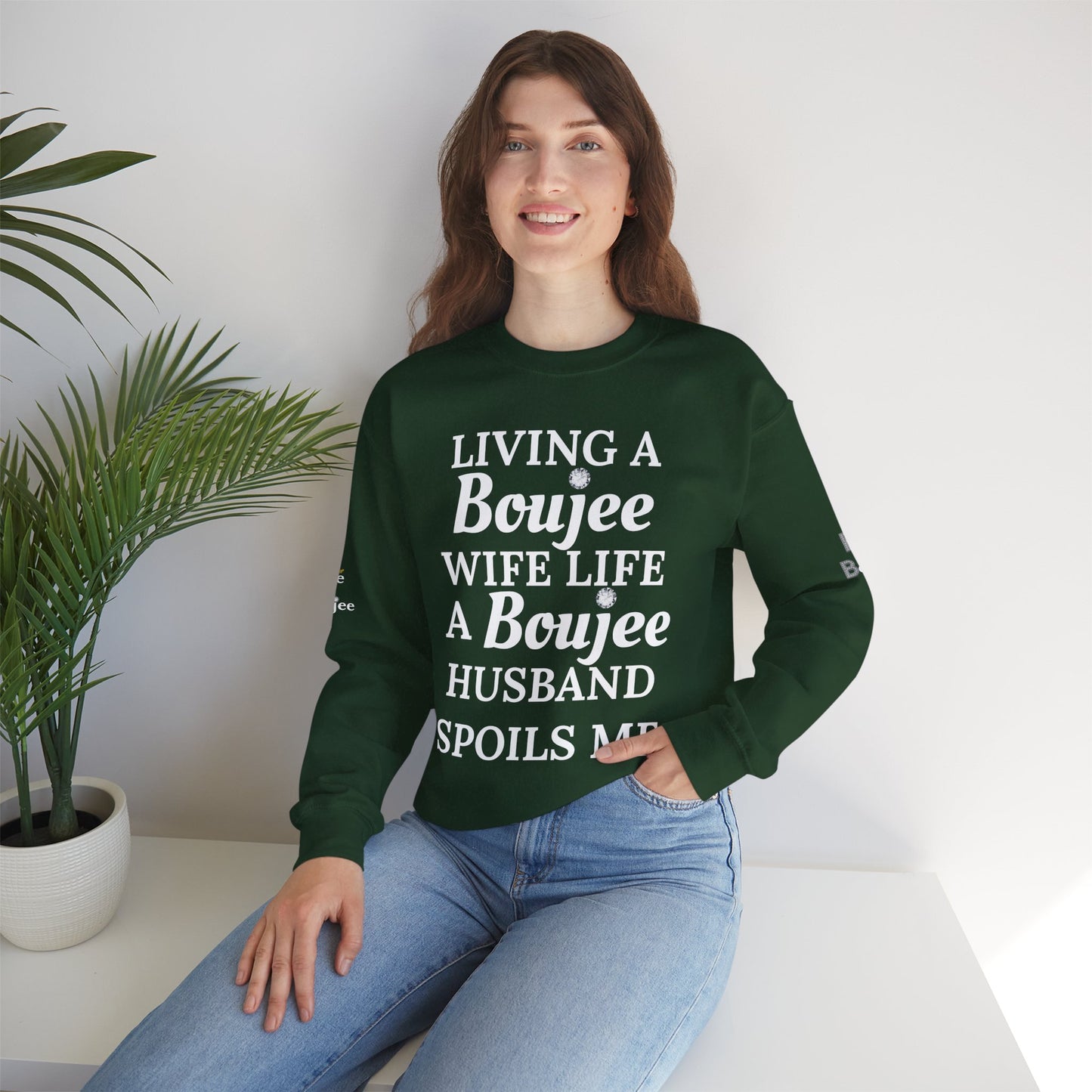 Living a Boujee Wife Life A Boujee Husband Spoils Me - Heavy Blend™ Dark Colors Crewneck Sweatshirt