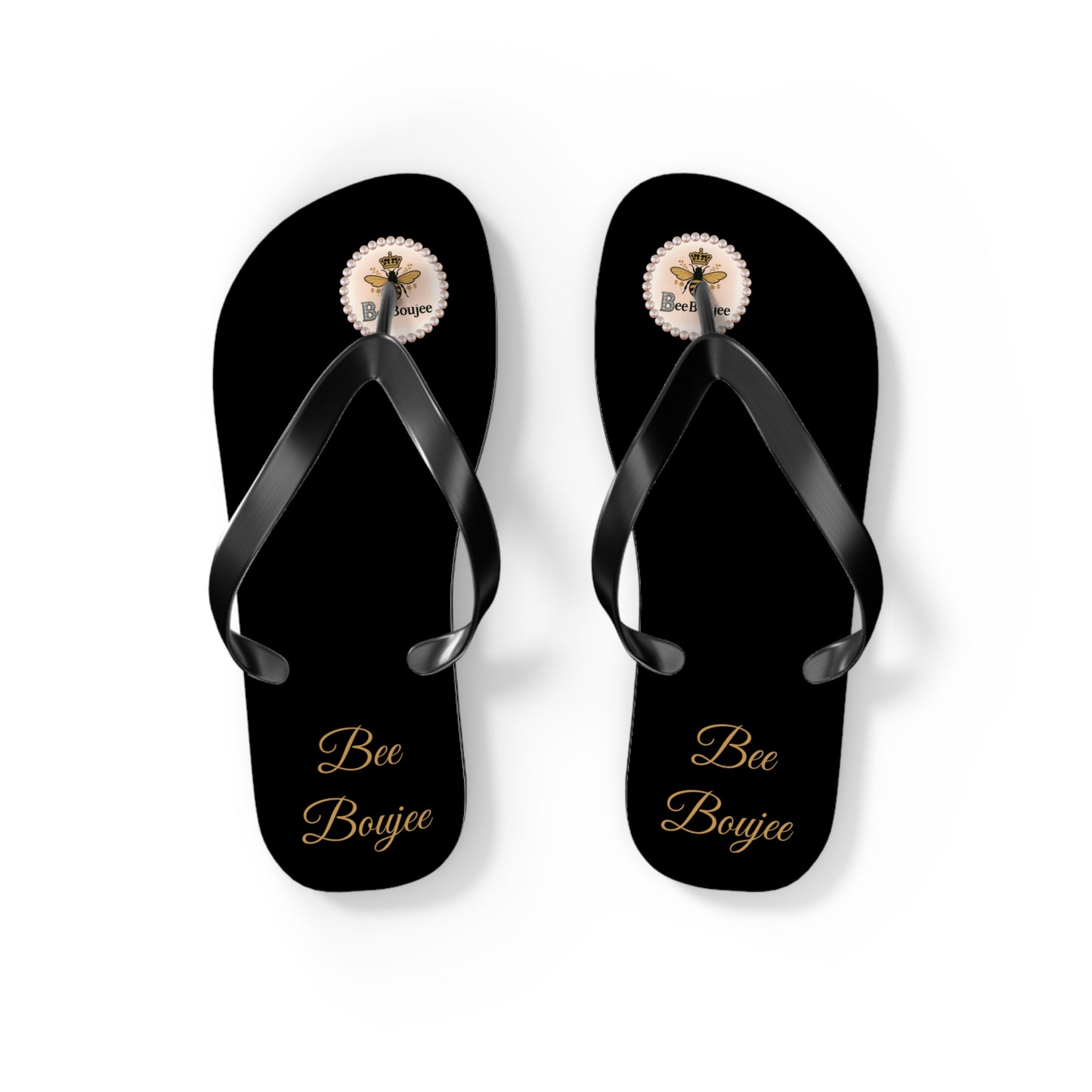 Bee Boujee Crowned-Bee Flip-Flops (Black & Gold) - SMALL