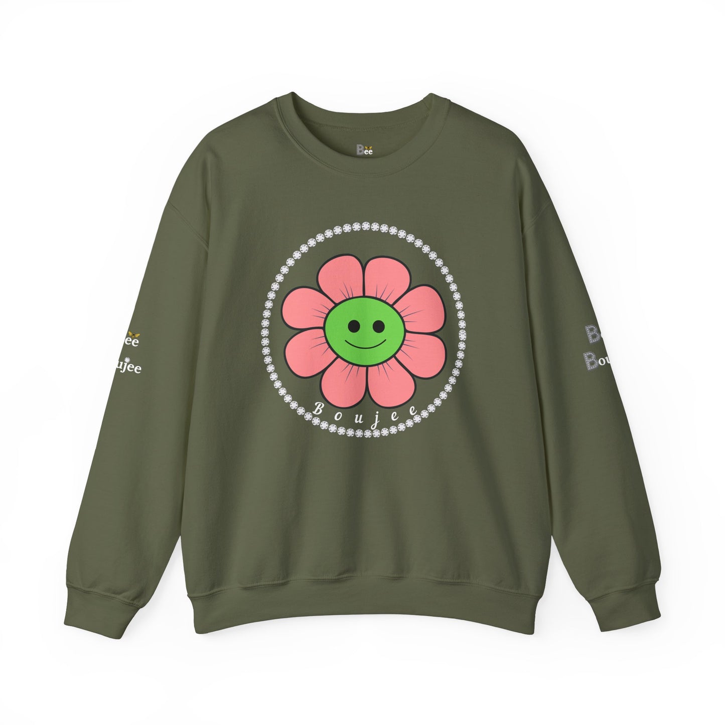 Boujee Flower Smiley Face Pink Green - Heavy Blend™ Dark Colors Crewneck Sweatshirt