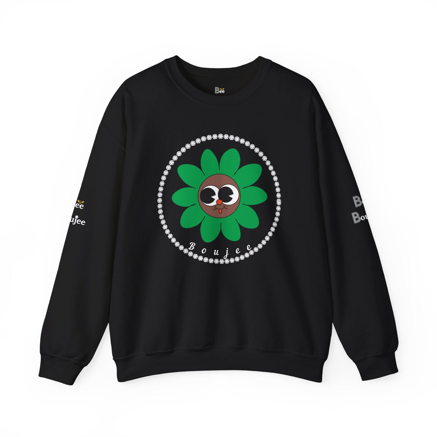 Boujee Flower Smiley Face Green Brown Wide-Eyed - Heavy Blend™ Dark Colors Crewneck Sweatshirt