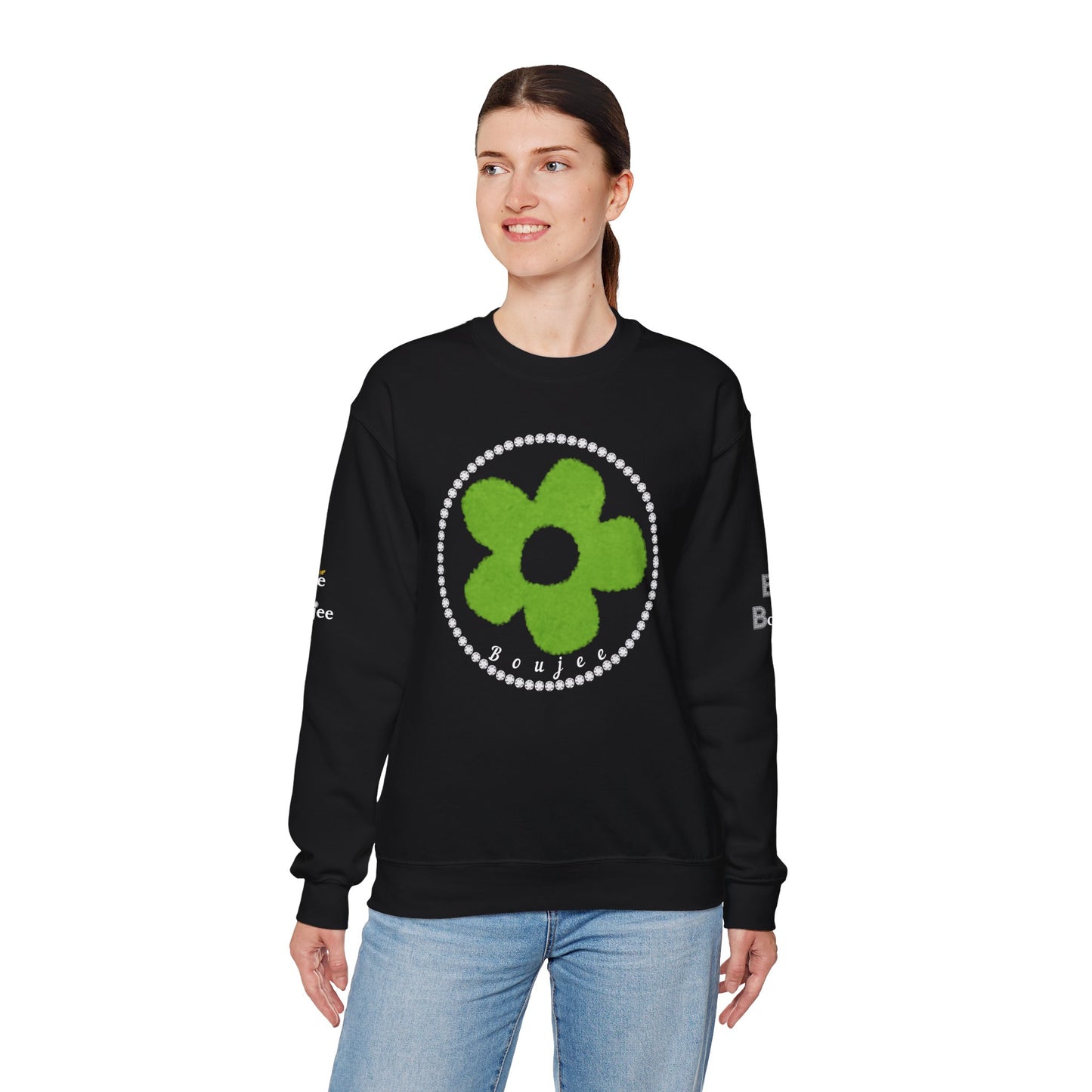 Boujee Fuzzy Green Flower- Heavy Blend™ Dark Colors Crewneck Sweatshirt