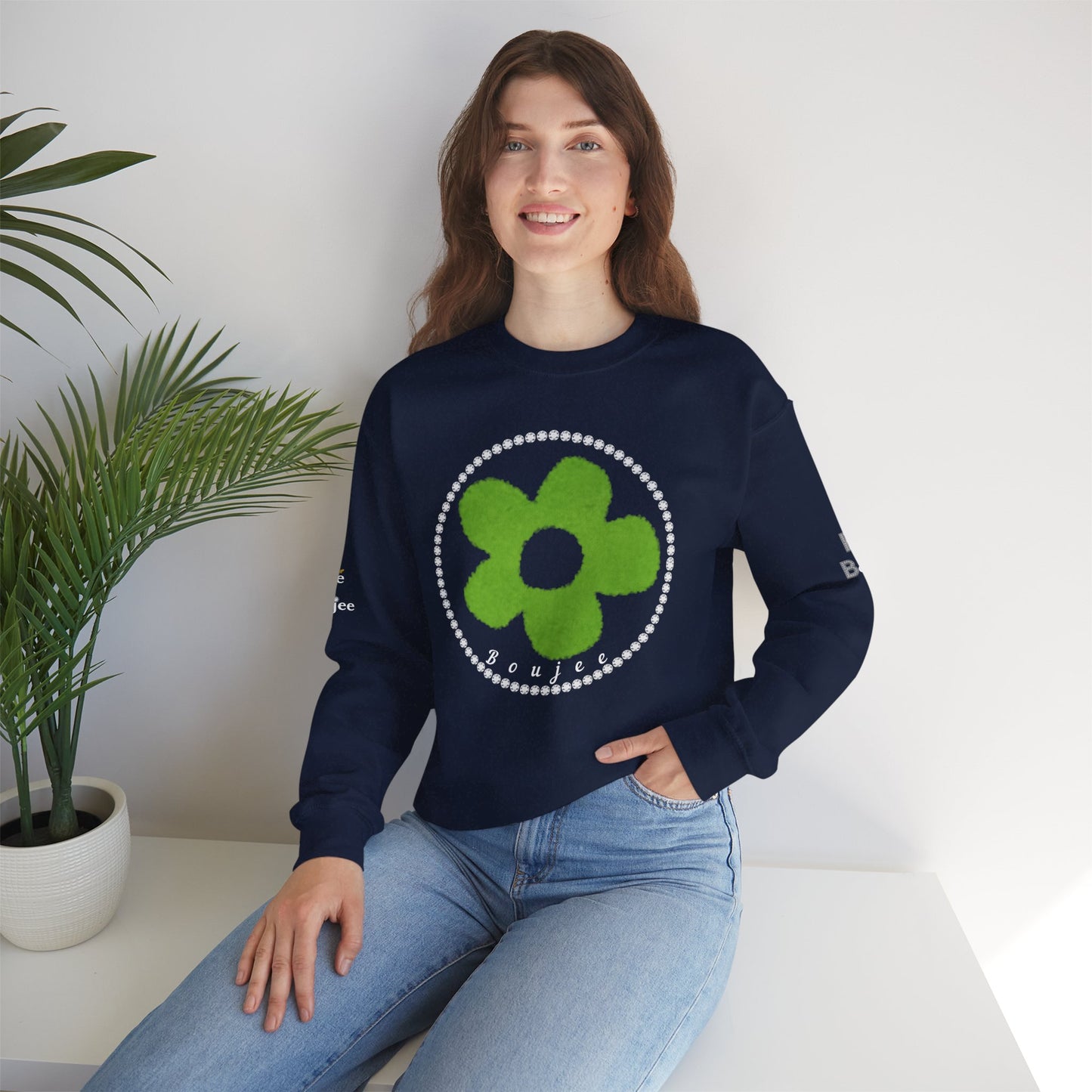 Boujee Fuzzy Green Flower- Heavy Blend™ Dark Colors Crewneck Sweatshirt