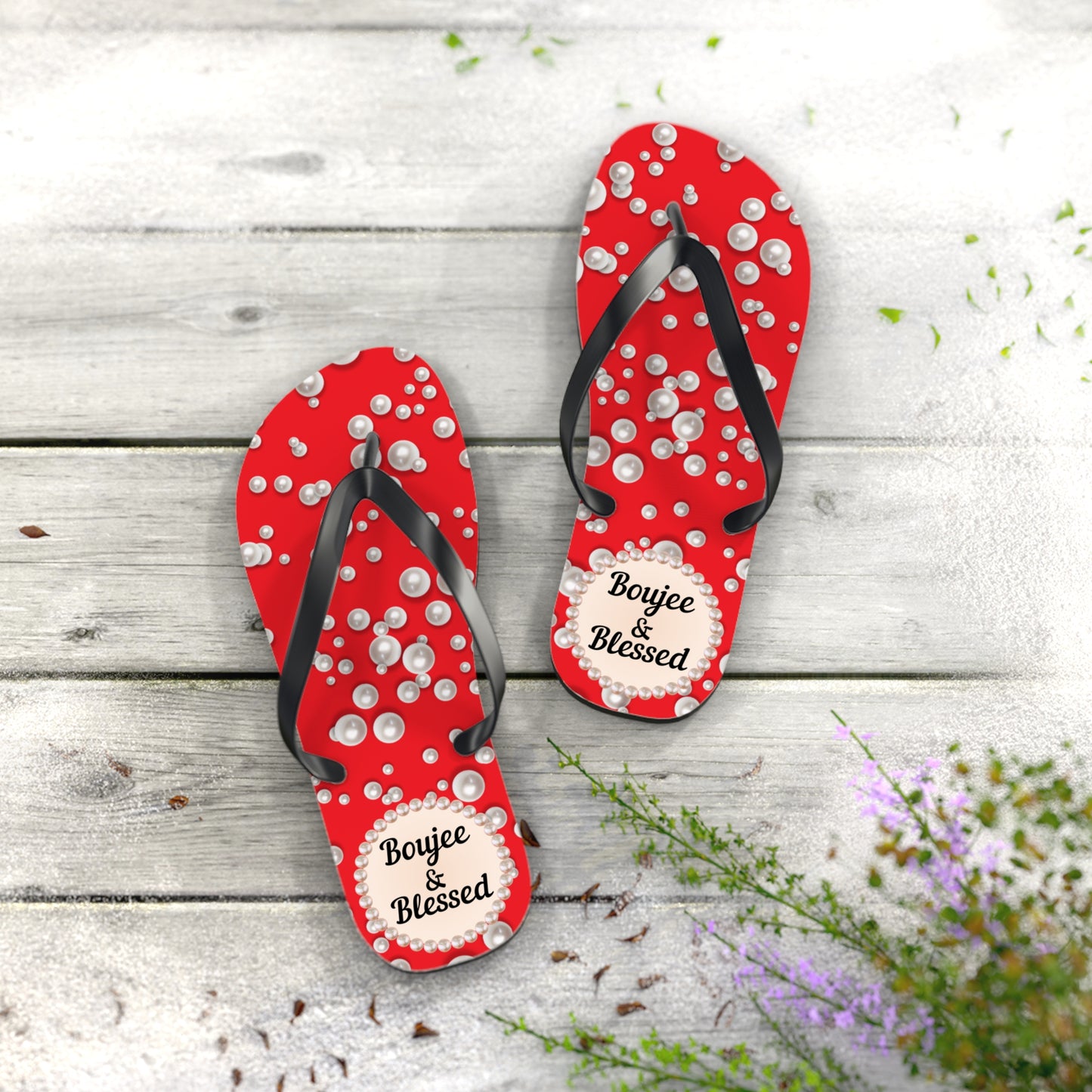 Boujee & Blessed Flip Flops - RED in Sea of Pearls - LARGE