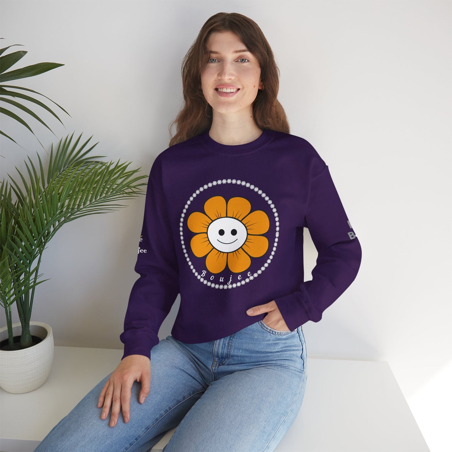 Boujee Flower Smiley Face Gold White - Heavy Blend™ Dark Colors Crewneck Sweatshirt