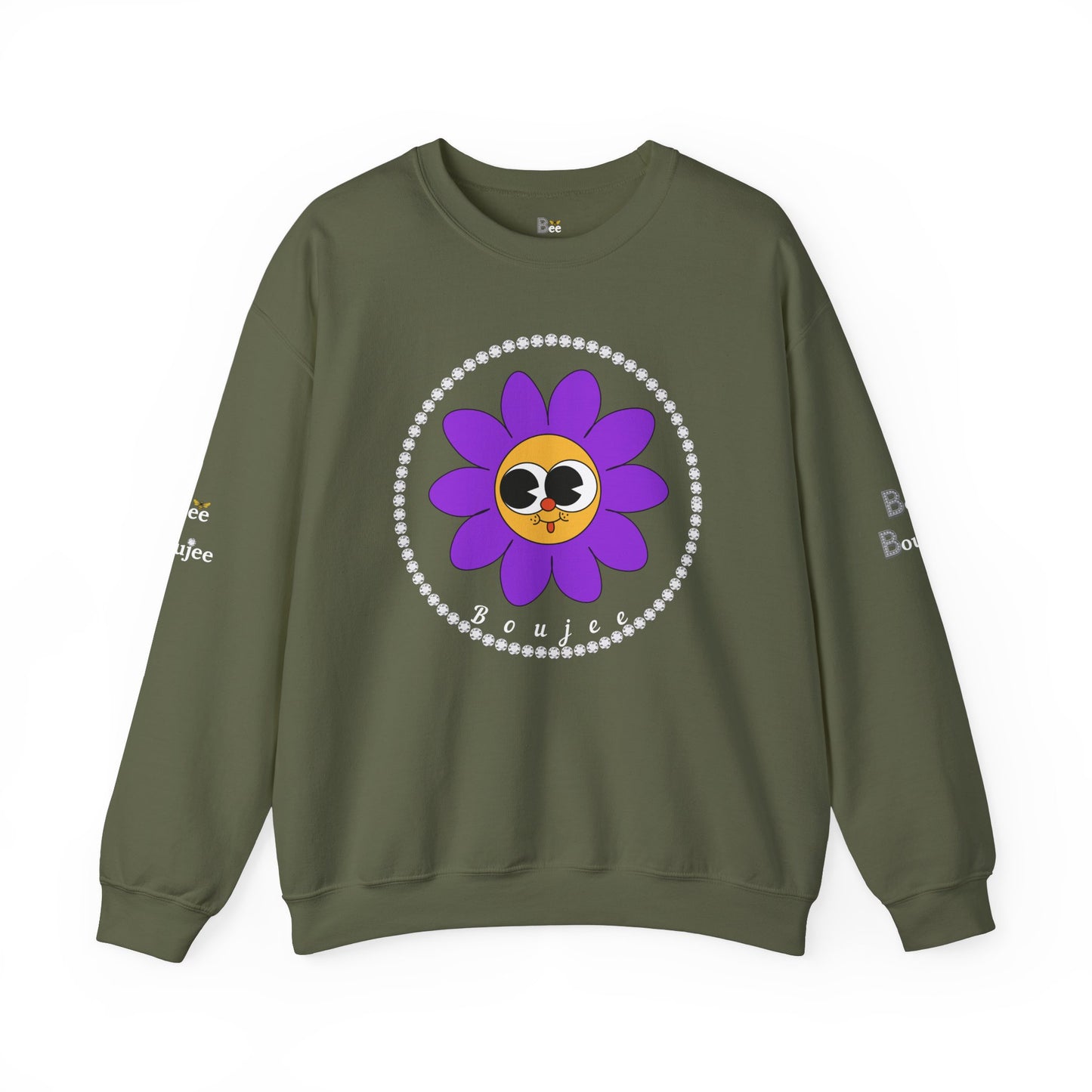Boujee Flower Smiley Face Purple Gold Wide-Eyed - Heavy Blend™ Dark Colors Crewneck Sweatshirt