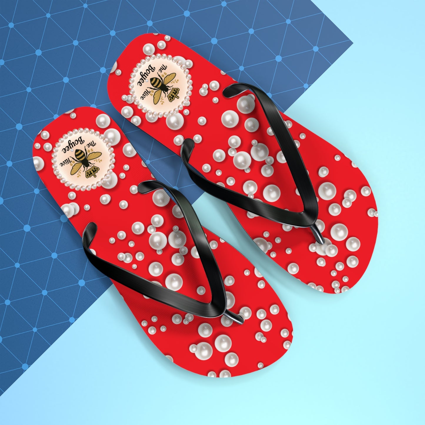 The Boujee Hive Flip Flops - RED in Sea of Pearls - EXTRA LARGE