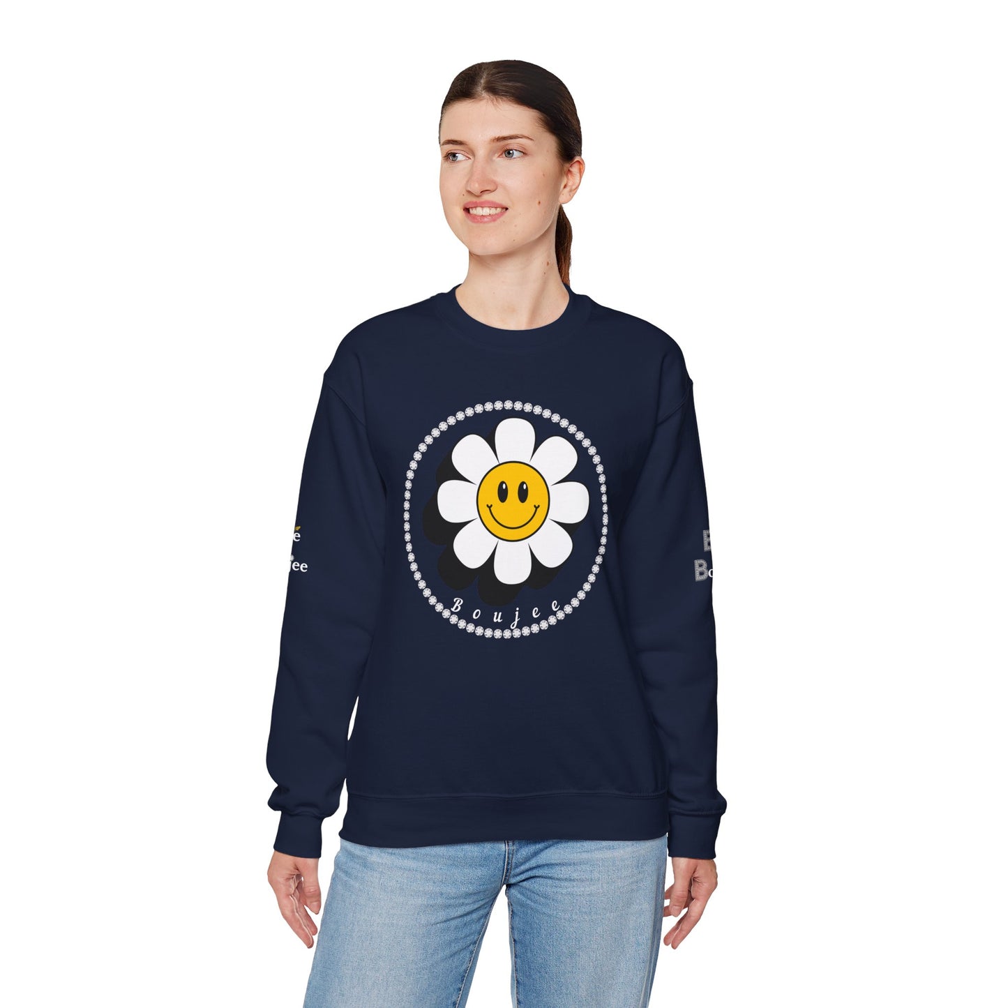 Boujee Flower Smiley Face White Gold - Heavy Blend™ Dark Colors Crewneck Sweatshirt