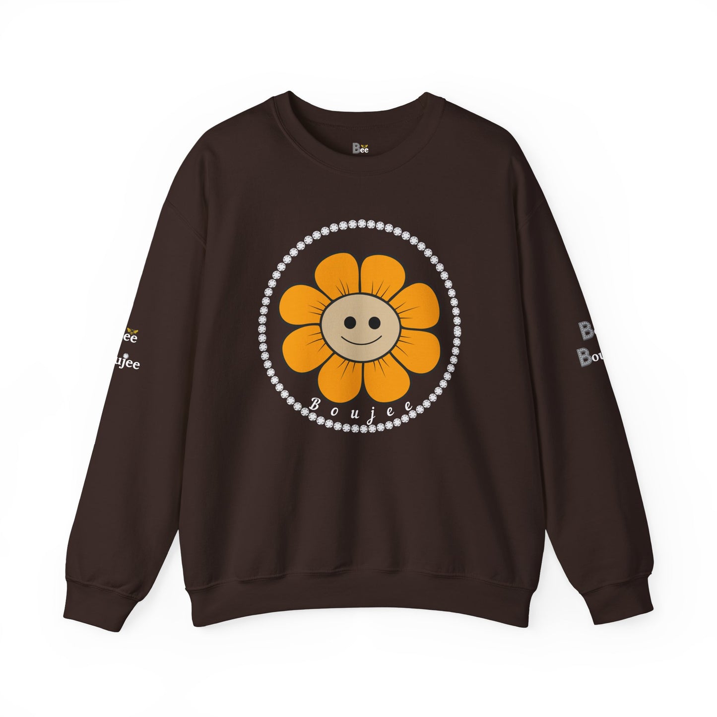 Boujee Flower Smiley Face Gold Tan - Heavy Blend™ Dark Colors Crewneck Sweatshirt