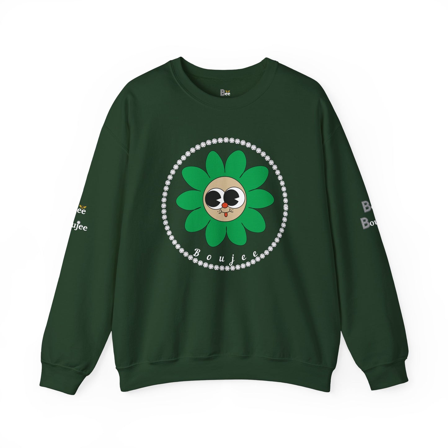 Boujee Flower Smiley Face Green Tan Wide-Eyed - Heavy Blend™ Dark Colors Crewneck Sweatshirt