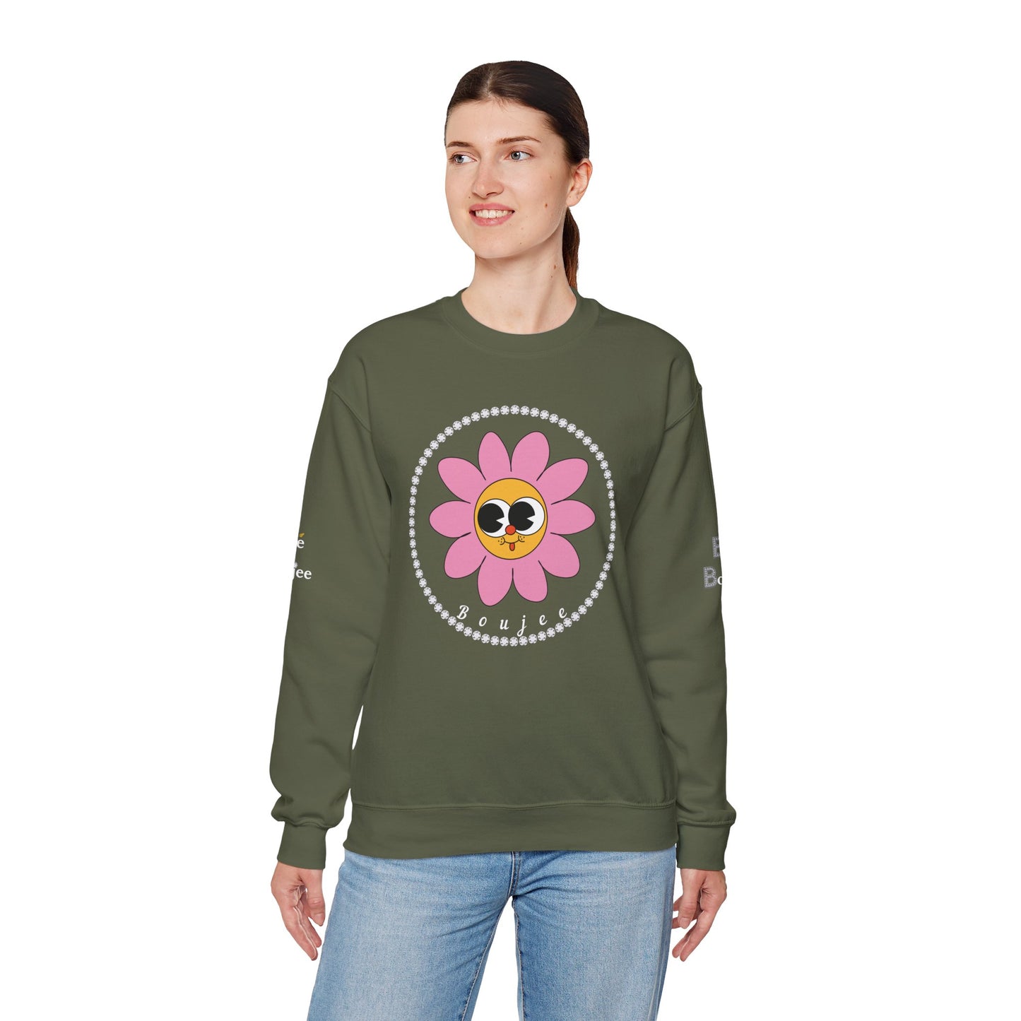 Boujee Flower Smiley Face Pink Gold Wide-Eyed - Heavy Blend™ Dark Colors Crewneck Sweatshirt