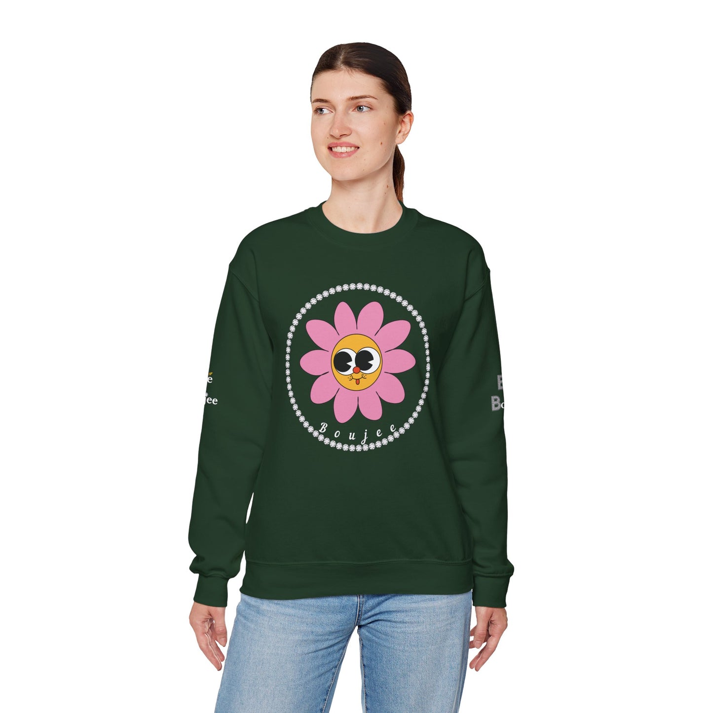 Boujee Flower Smiley Face Pink Gold Wide-Eyed - Heavy Blend™ Dark Colors Crewneck Sweatshirt