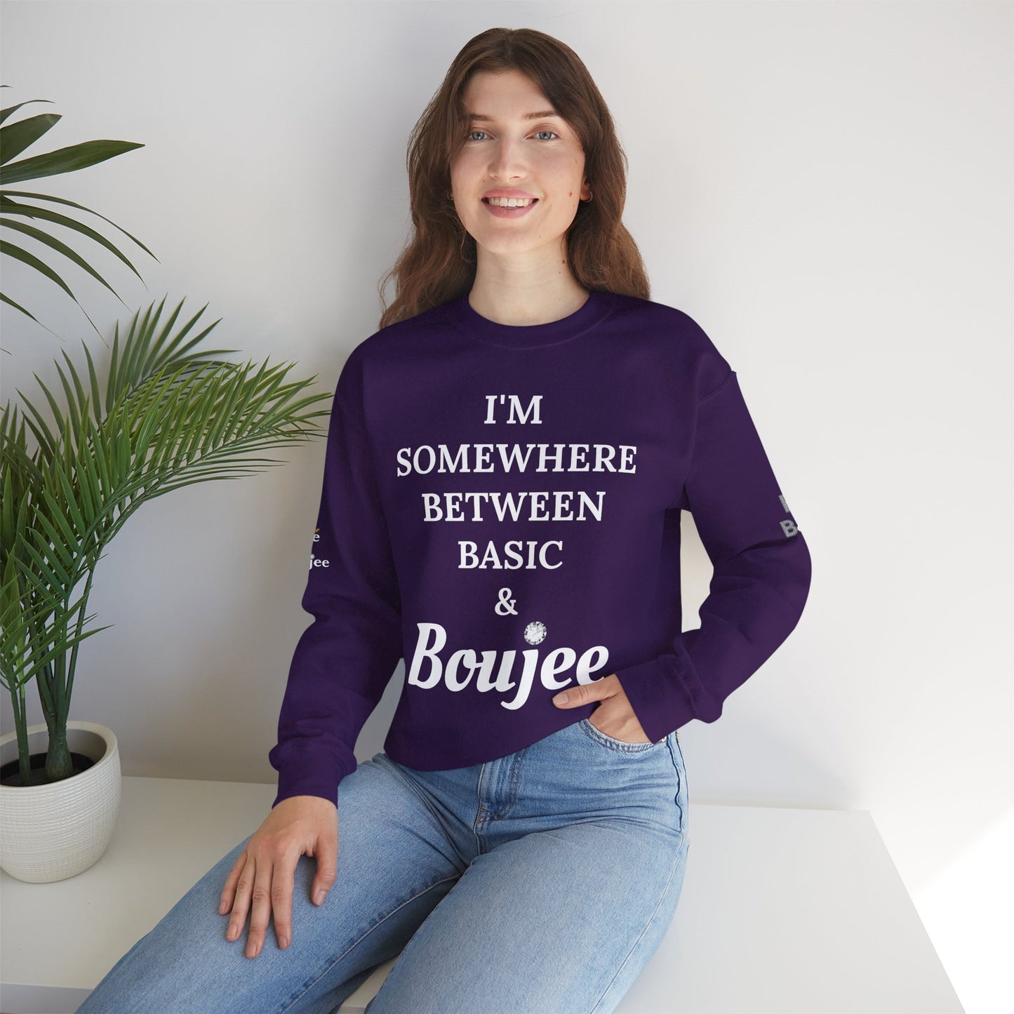 I'm Somewhere Between Basic & Boujee - Heavy Blend™ Dark Colors Crewneck Sweatshirt